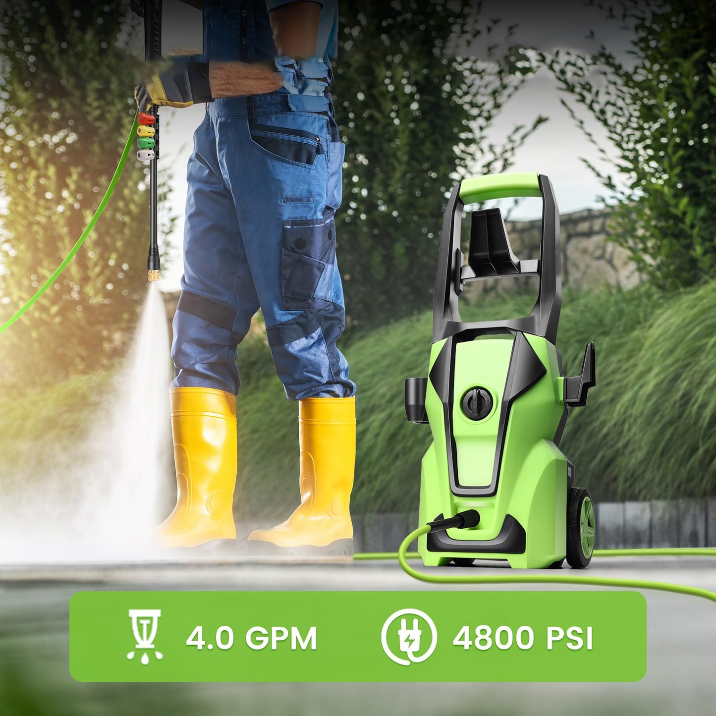 Professional Pressure Washer, Electric 5000PSI Power Washer with Foam Cannon,4 Nozzles,33FT Hose and Soap Bottle, Car/Driveway/Patio Clean,Green