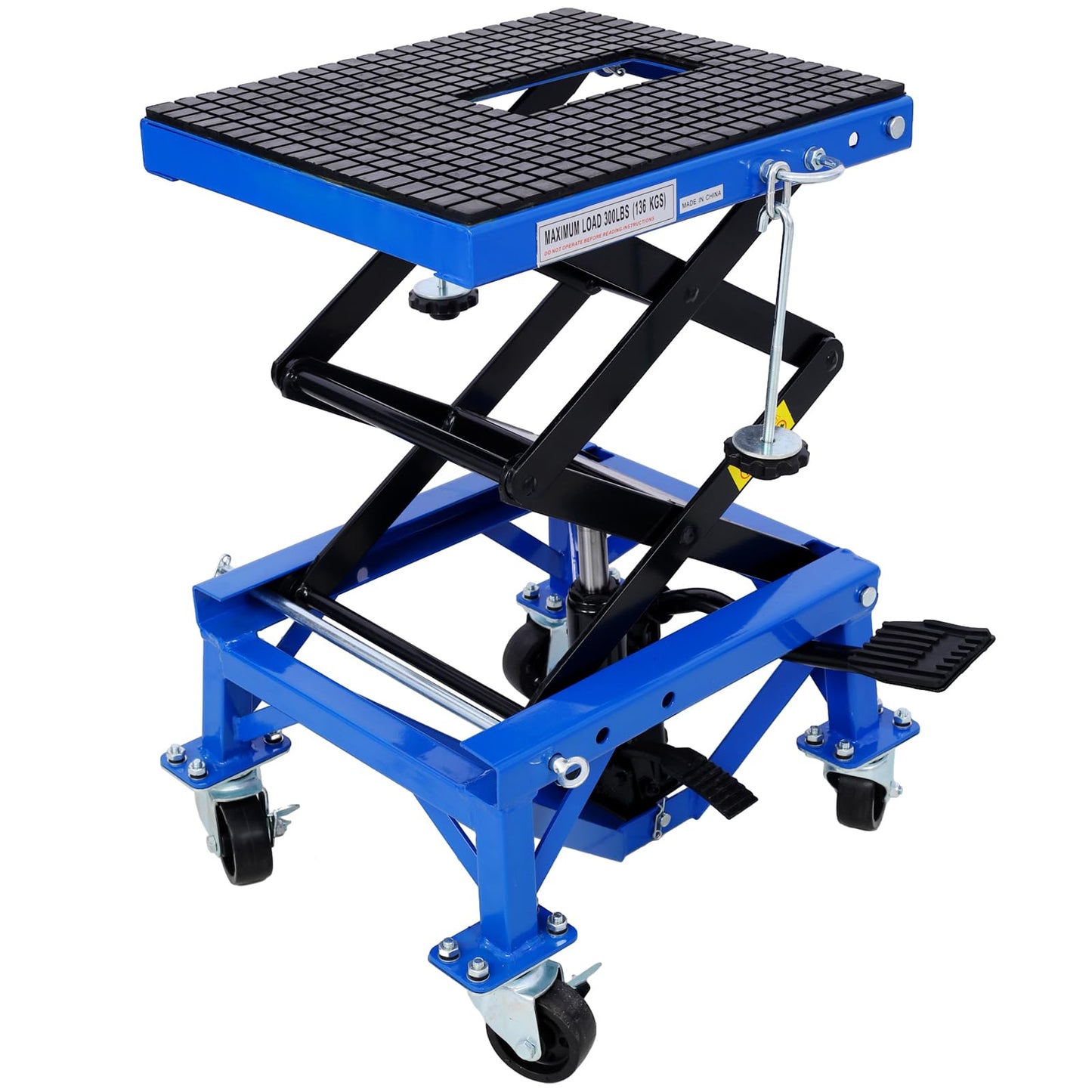 YOPTO Hydraulic Motorcycle Lift Table,300 lbs Capacity Motorcycle Scissor Jack Lift with Wide Deck,Motorcycles Stand W/ 4 Wheels,Hydraulic Foot-Operated Jack Stand for Small Dirt Bikes,Blue