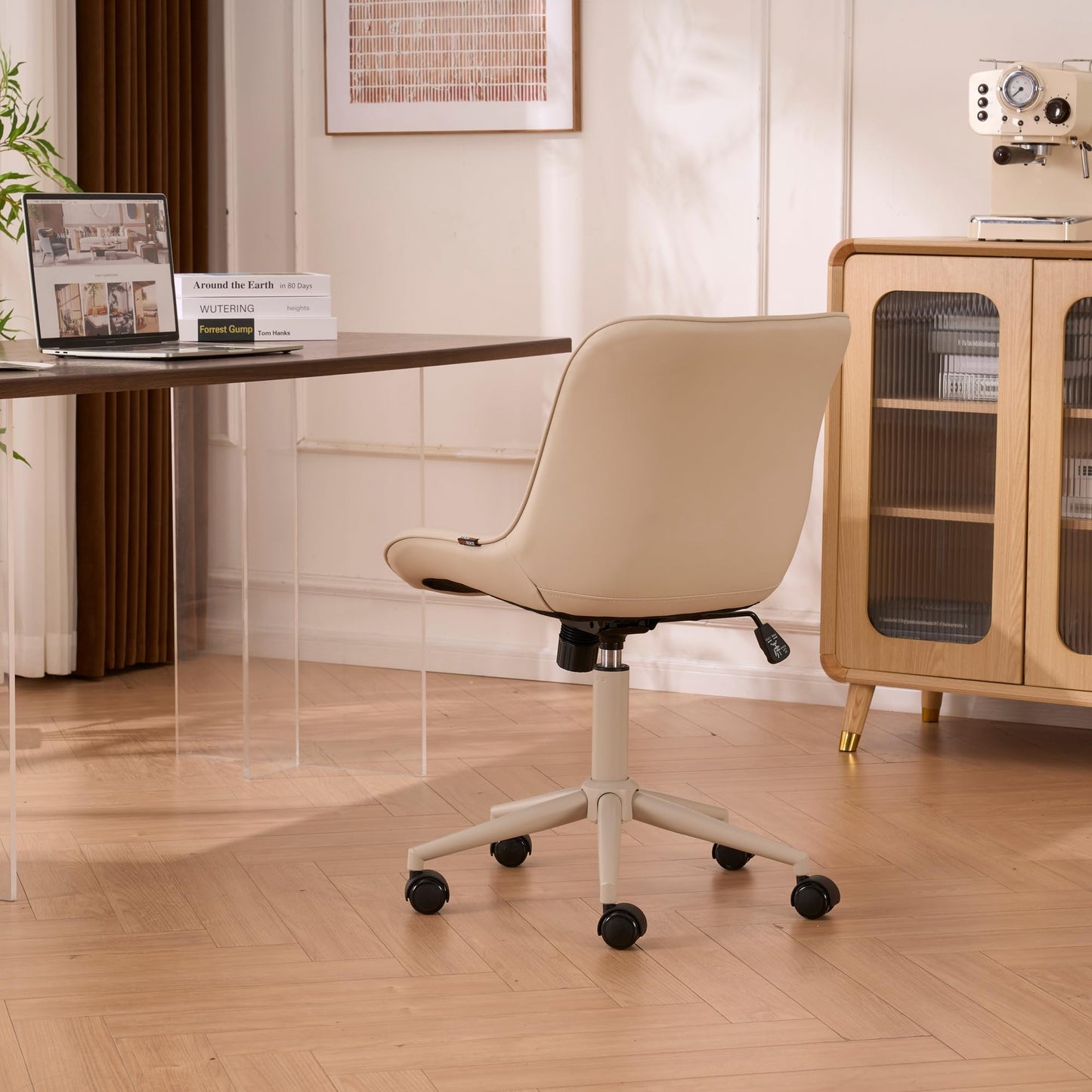 YOUNIKE Cream Faux Leather Ergonomic Office Chair Armless Comfy Desk Chair with Rocking Back Cute Swivel Vanity Chair with Wheels Height Adjustable Small Computer Task Chair for Sewing Drafting