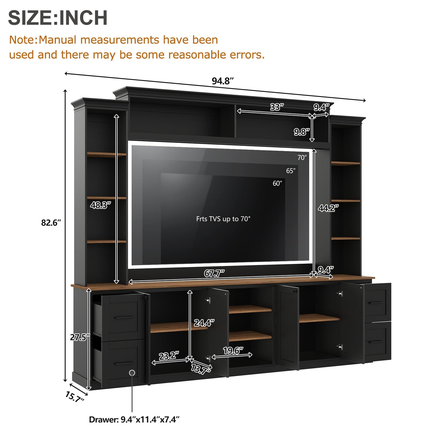 Merax 4-in-1 Wall Unit Entertainment Center with Bookshelf for TVs Up to 70", Farmhouse Large TV Stand with Walnut Adjustable Shelves, Elegant Retro Media Console with Drawers for Living Room, Black