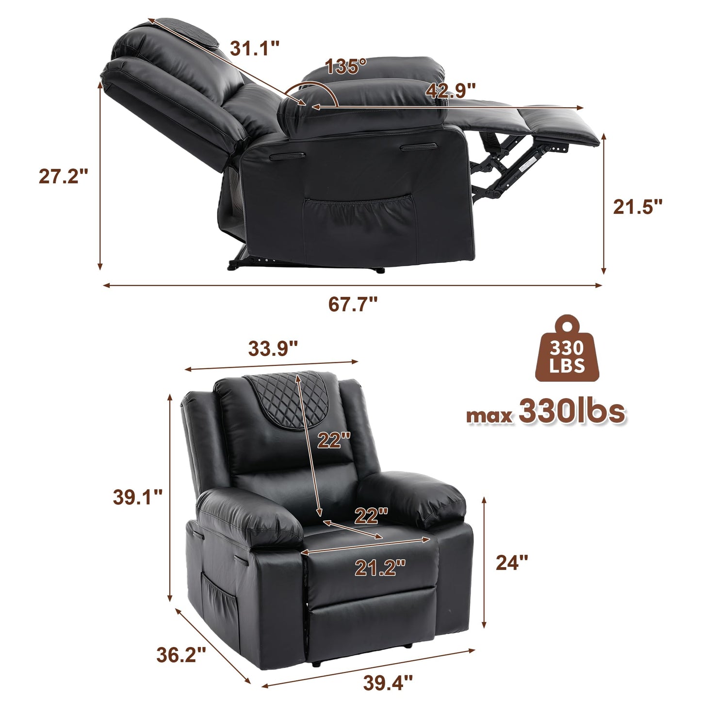 Manual Recliner Chair for Adults - 135° Front & Rear Adjustable, with Heating & Massage, Side Storage Pockets & Remote Control, Ideal for Living Room & Bedroom(Black)
