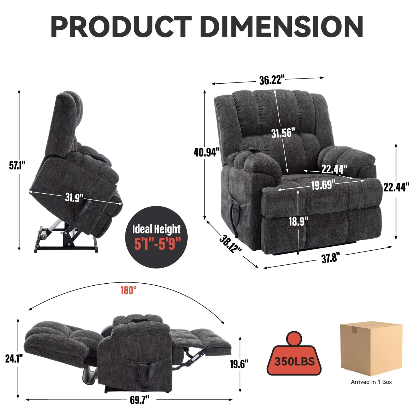 GDFStudio Dual Motor Power Lift Recliner Chair with Massage and Lumbar Heat, Heavy Duty Electric Reclining Chair with Remote Control, Supports Up to 350 LBS, Grey