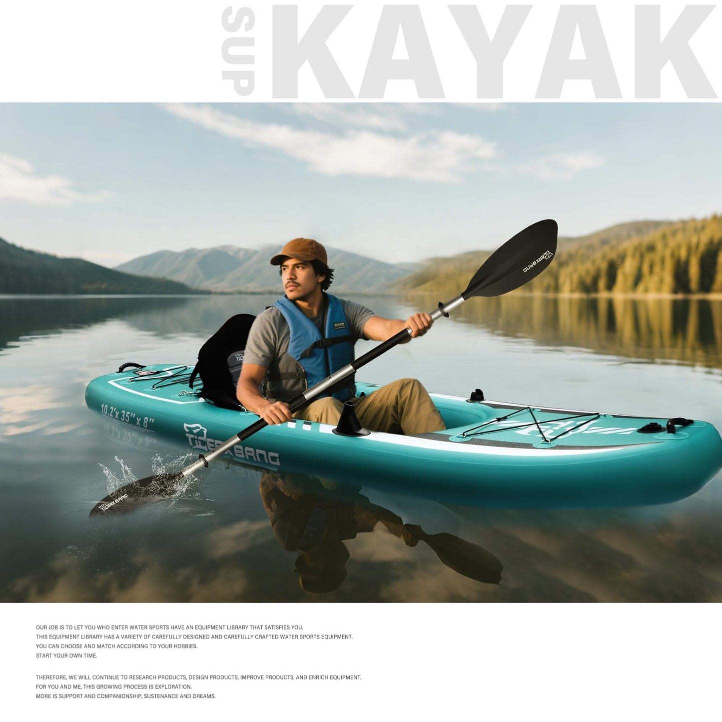 TIGERXBANG 10.2'x35''x8'' Inflatable Kayak with Detachable Seat, SUP-Kayak Set Includes Hand Pump/Aluminum Oar/Backpack, Inflatable Boat for Adults/Youth | for Fishing, Touring-Green