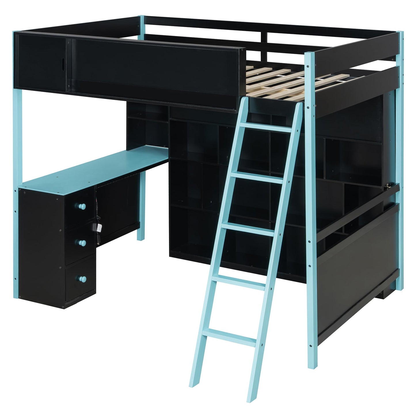 Merax Full Size Wood Loft Bed Frame with Desk and Ample Storage Space, Gaming Bed with Light Strip for Teens Bedroom, Full-Length Guardrails, No Box Spring Needed, Blue