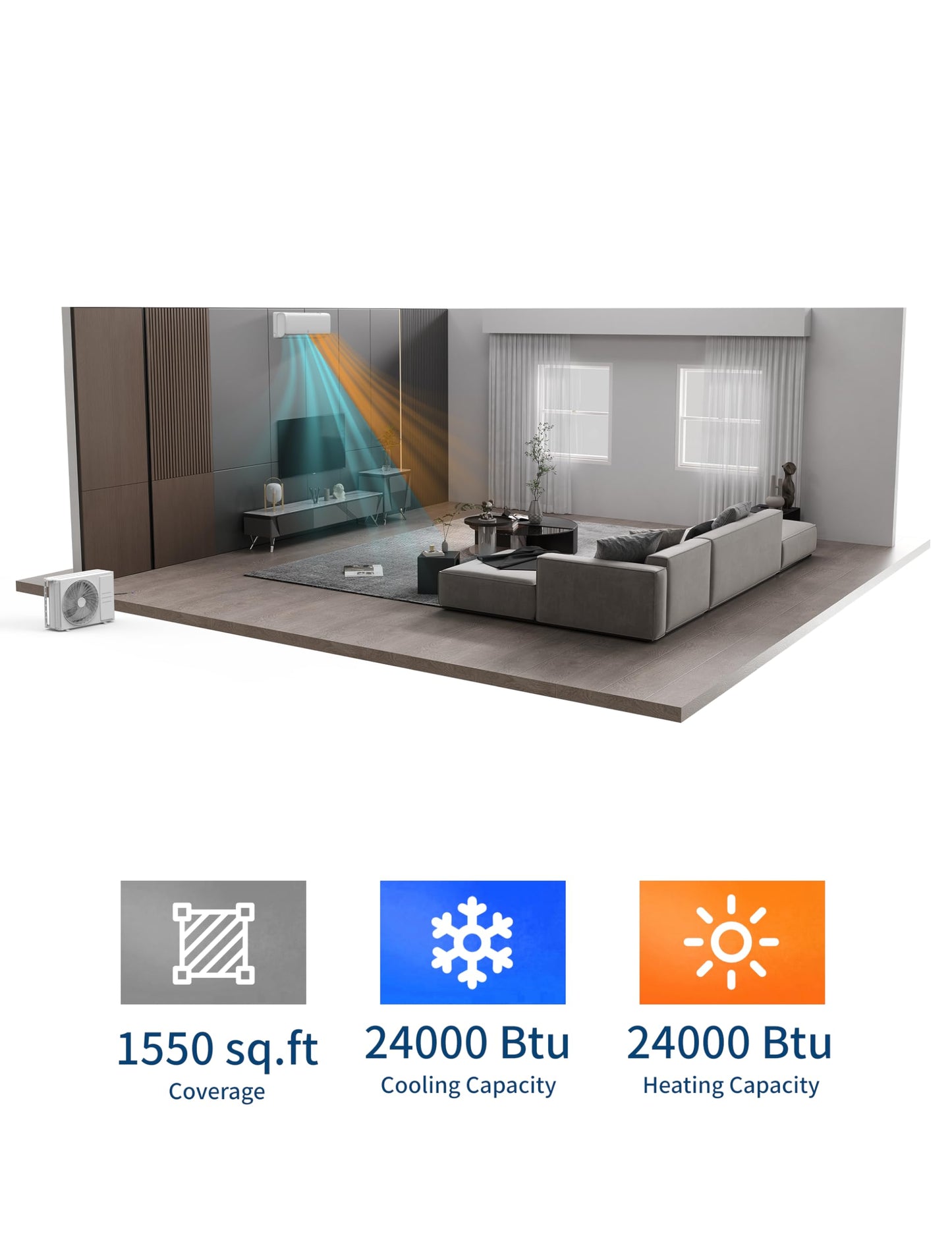 24000 Btu Mini Split AC Heating System, Wifi Enabled Mini Split Air Conditioner with 19 SEER2 Inverter, Heat Pump, 208-230V for Rooms Up to 1500 Sq. Ft, White