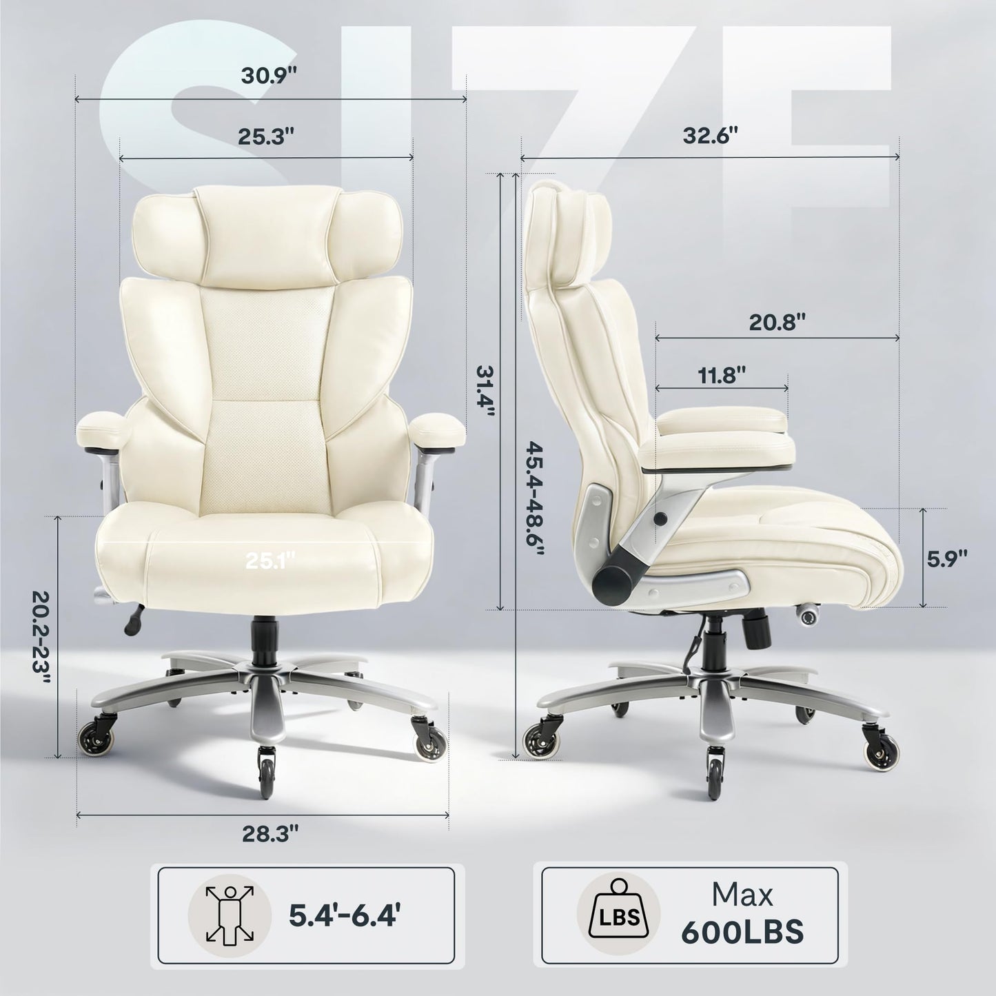 FLEXISPOT 600lbs Big and Tall Office Chair for Heavy People, Heavy Duty Computer Desk Chair with Dynamic Lumbar Support 2D Armrest Blade Wheels, Chairs for Home Office Gaming Working, Leather, Beige