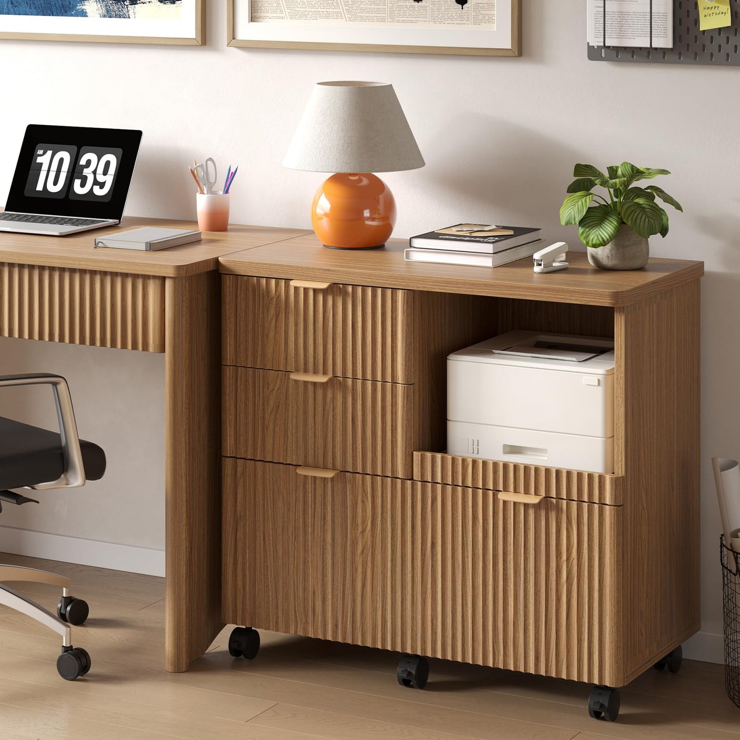 Bestier 3 Drawer File Cabinet, Decorative Fluted Wood Lateral Filing Cabinet with Caster for Home Office, Fits for A4/Letter/Legal-Sized Files, Printer Stand with Open Storage Shelves, Brown