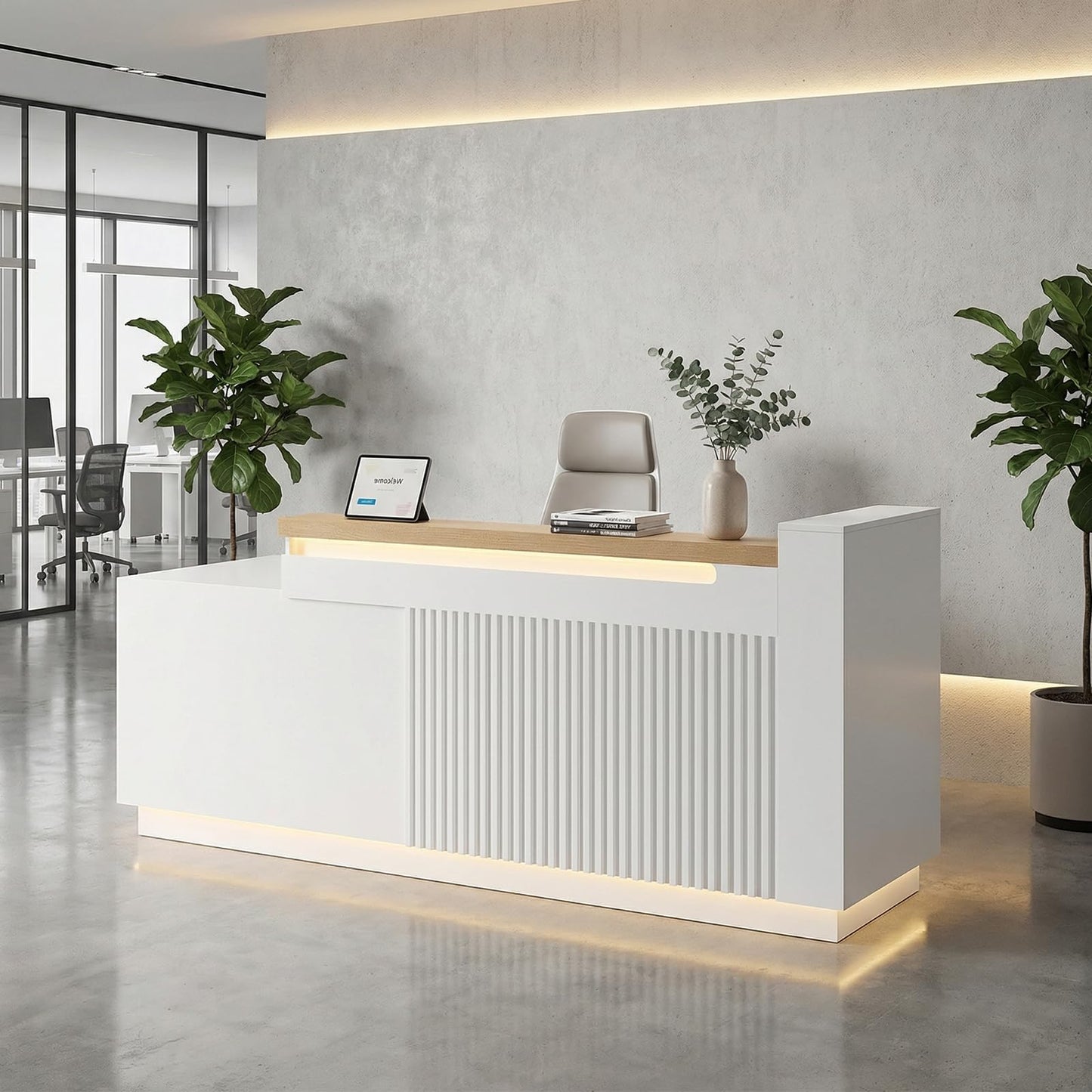 Laxodor 86.6" L-Shaped Reception Desk with LED Lights, Slatted Grille & Built-in Outlets, White Front Counter with Dimmable Switch for Salon, Retail & Office