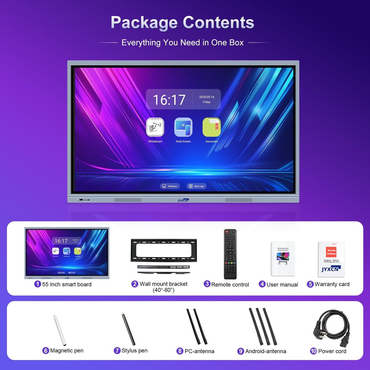 JYXCN 55" 4K Dual-OS Smart Board – Android 11 & Windows 10 Pro | 20-Point Touch for Offices, Classrooms, Church | Wireless Sharing, Wall Mount Included