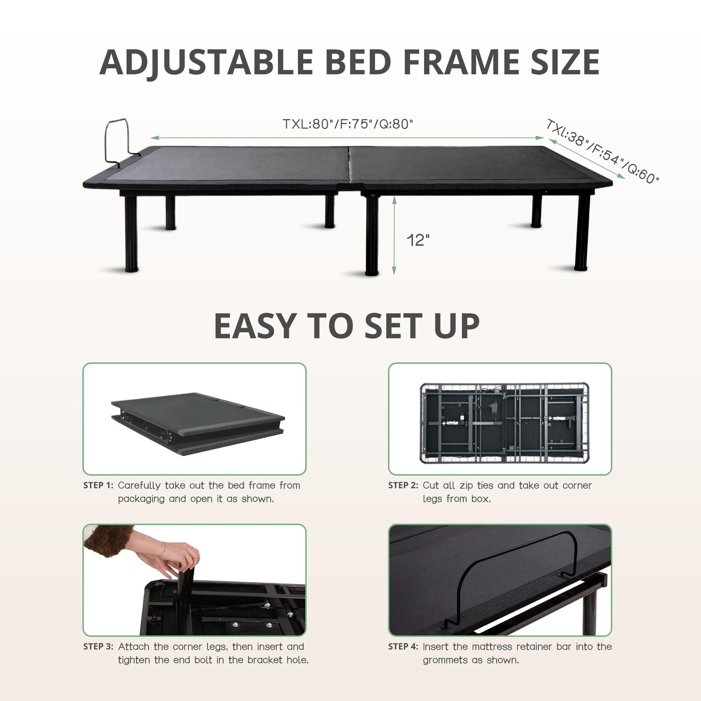 Emerspring Twin XL Adjustable Bed Base Frame and 12 inch Green Tea Memory Foam Mattress, Electric Bed Base Wireless Remote, Zero Gravity Bed, Head and Foot Incline, Anti-Snore,Easy Assembly