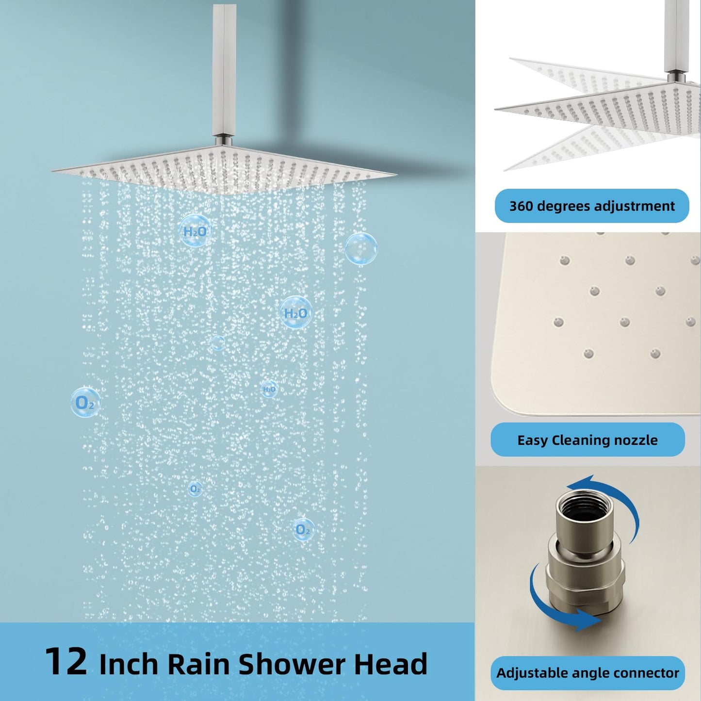 Shower System 12 Inches & 6 Inches Rainfall Shower Head System for Bathroom 3 Function Shower System Set Shower Faucet Concealed Installation Valve（Brushed Nickel）