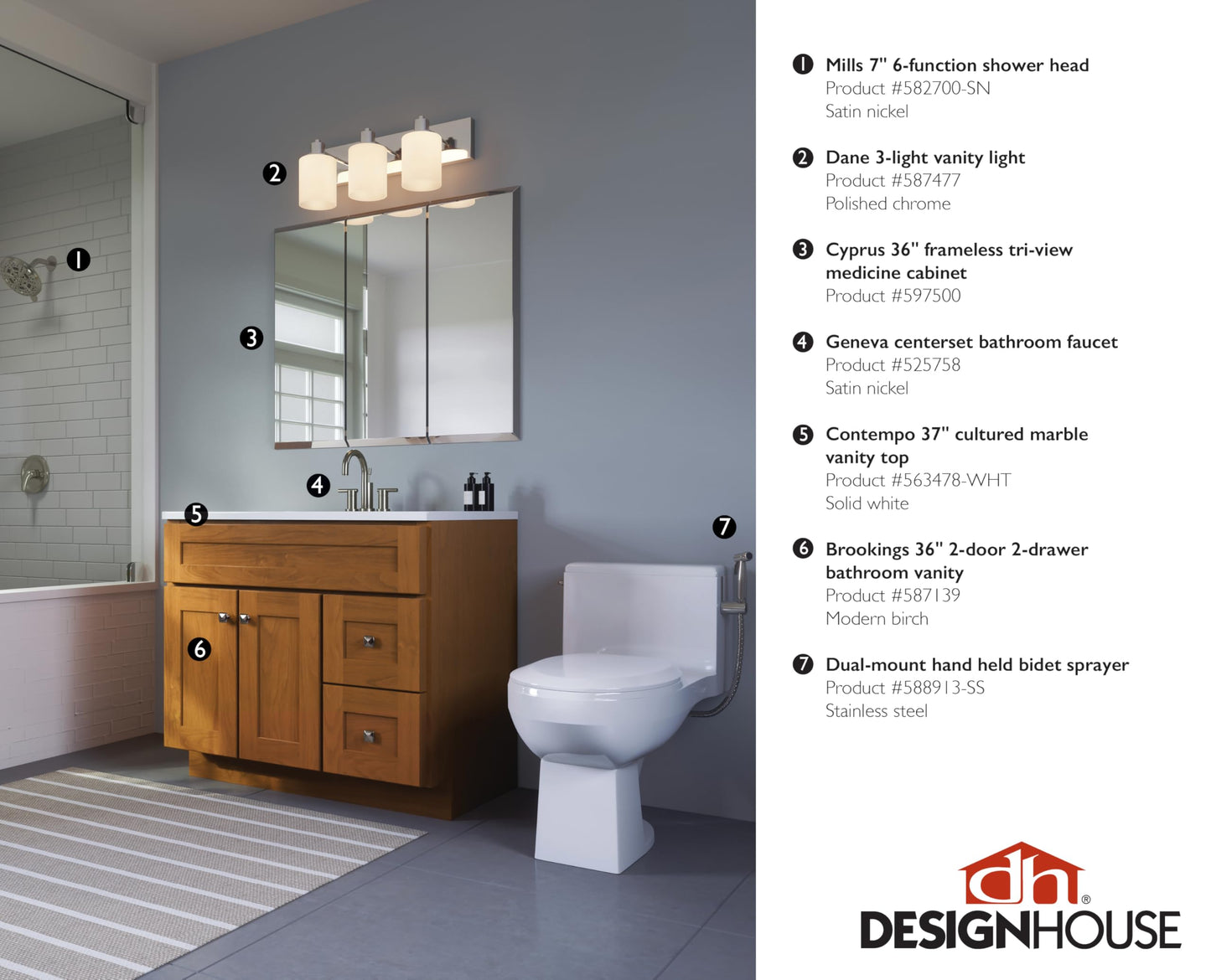 Design House 36 Inch Cyprus Bathroom Medicine Cabinet, Durable Pre-Assembled Wall Mounted or Recessed with Frameless Mirrored Doors, White Cabinet, 597500