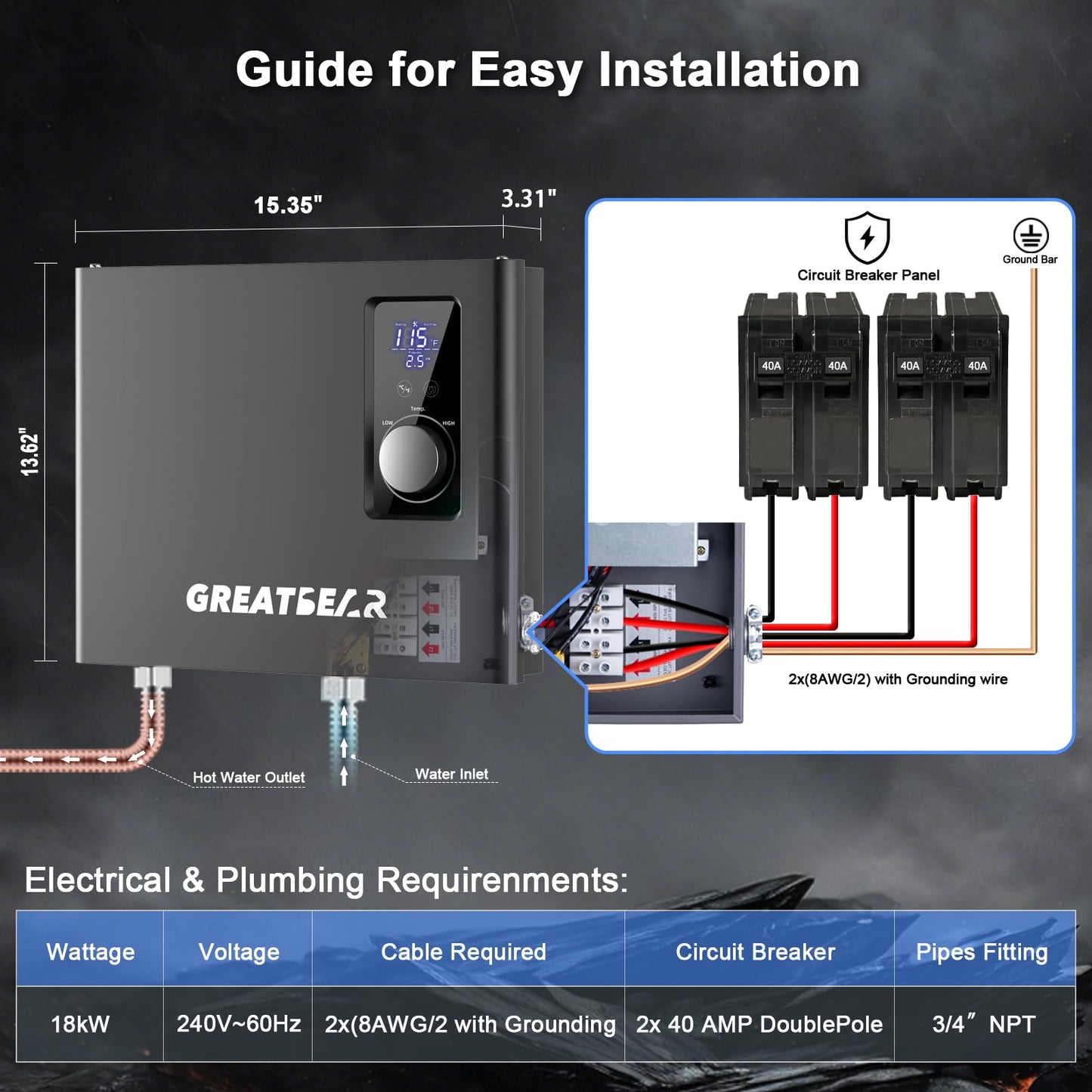 18kW Tankless Water Heater Electric, GREATBEAR on Demand Hot Water Heater Electric 240Volts, Instant Water Heaters Point of Use, Self Modulating and ETL Certified ECO180G Gray