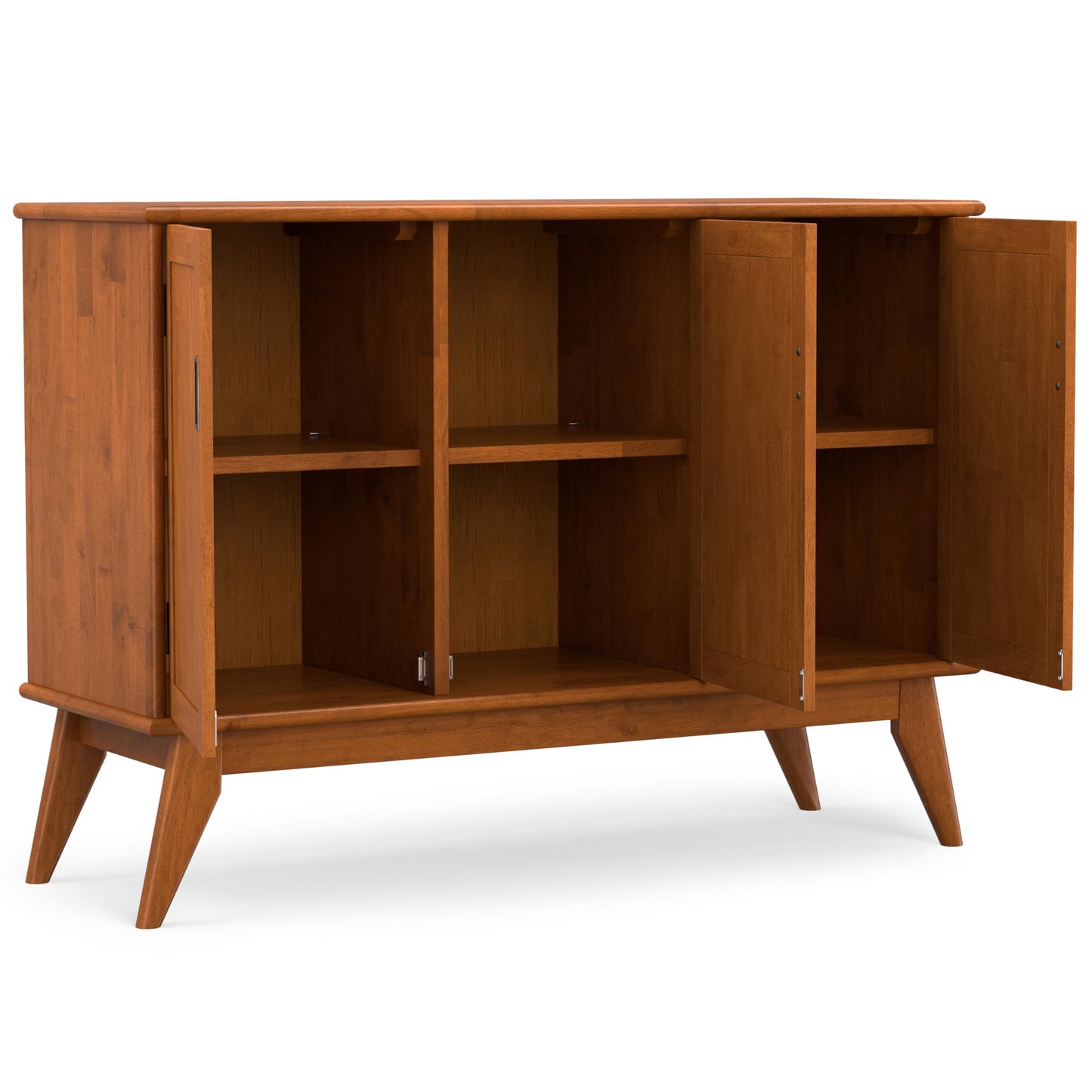 SIMPLIHOME Draper Buffet - 50 inch Wide Solid Hardwood 3-Door Sideboard Buffet in Teak Brown, Mid-Century Modern Cabinet for Dining Room or Kitchen with Adjustable Shelves and Tapered Legs