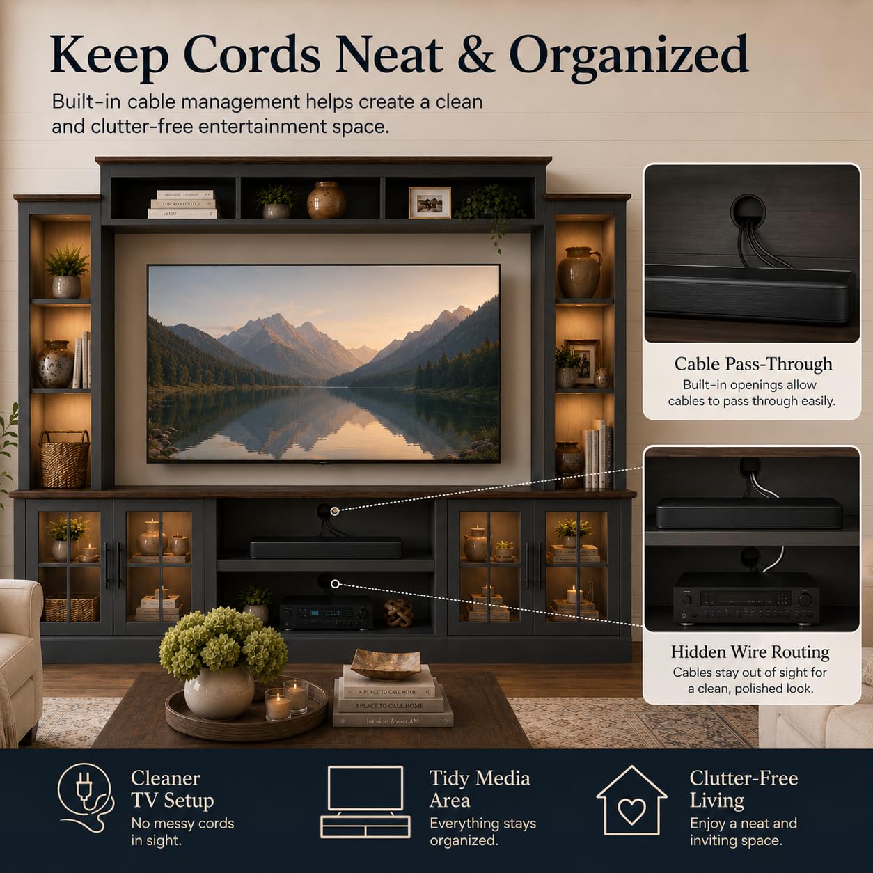 Nordivale Black Farmhouse TV Stand, Entertainment Center, 98" Wall Unit Media Console with Bookshelf, Cabinet & Power Outlets & Barn Doors, Fits TVs Up to 75” for Living Room