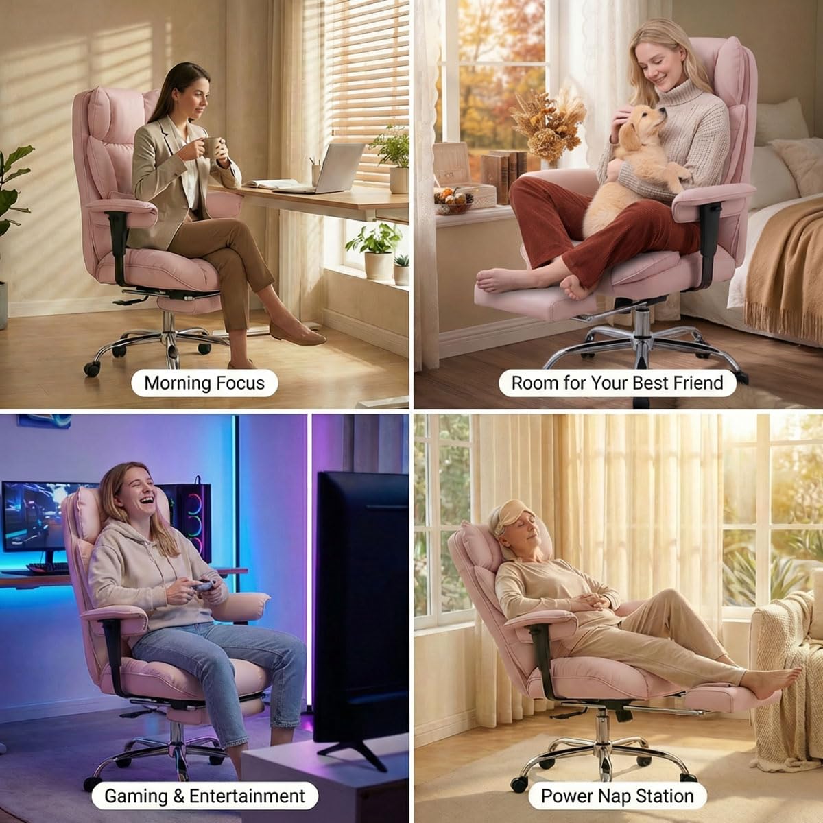 Efomao Big and Tall Office Chair 400lbs - Heavy Duty Reclining Desk Chair with Footrest, Spacious High Back PU Leather Executive Chair, Double-Layer Spring Support, Pink