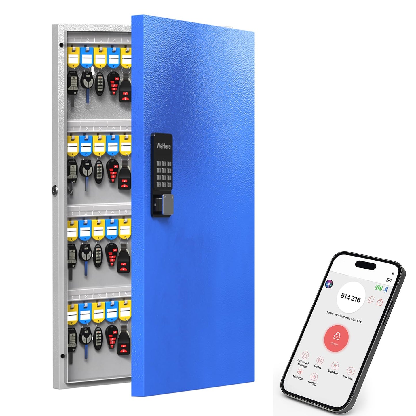 WeHere 96-Key Smart Key Lock Box, Wall-Mount Key Cabinet with Key Management App(Track Key Borrow/Return), Keypad, Bluetooth & WiFi Unlock (Sold Separately) for Commercial, School, Rental, Office