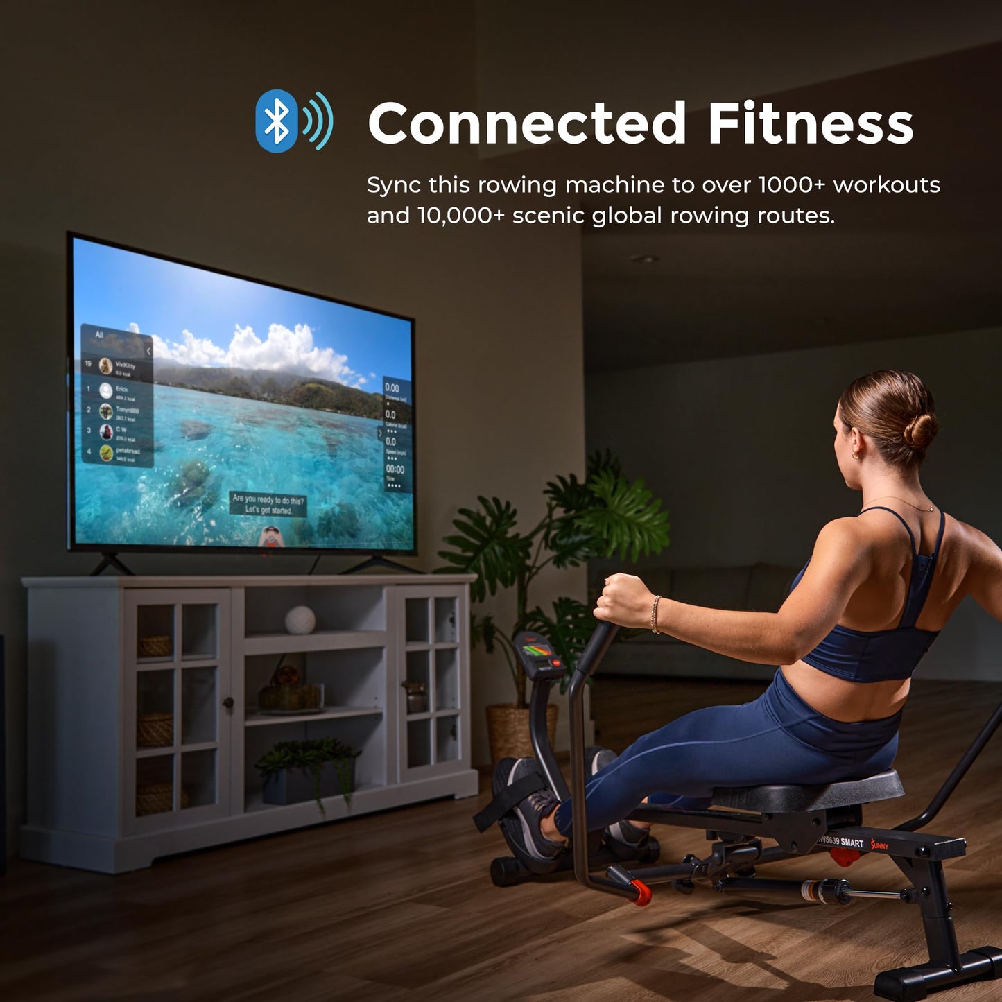 Sunny Health & Fitness Smart Compact Full Motion Rowing Machine, Full-Body Workout, Extra-Long Rail, 400 LB Weight Capacity and Free SunnyFit® App Enhanced Bluetooth Connectivity SF-RW5639SMART