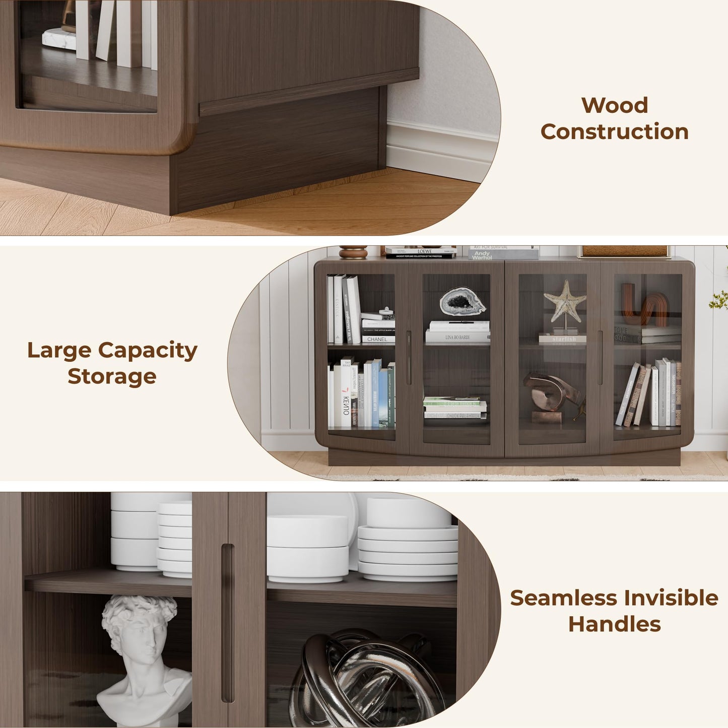 Trygoal 55" Walnut 4 Glass Door Sideboard Credenza, Modern Storage Buffet with Shelves, Multi-Use Coffee Bar Console for Kitchen Living Room Entryway