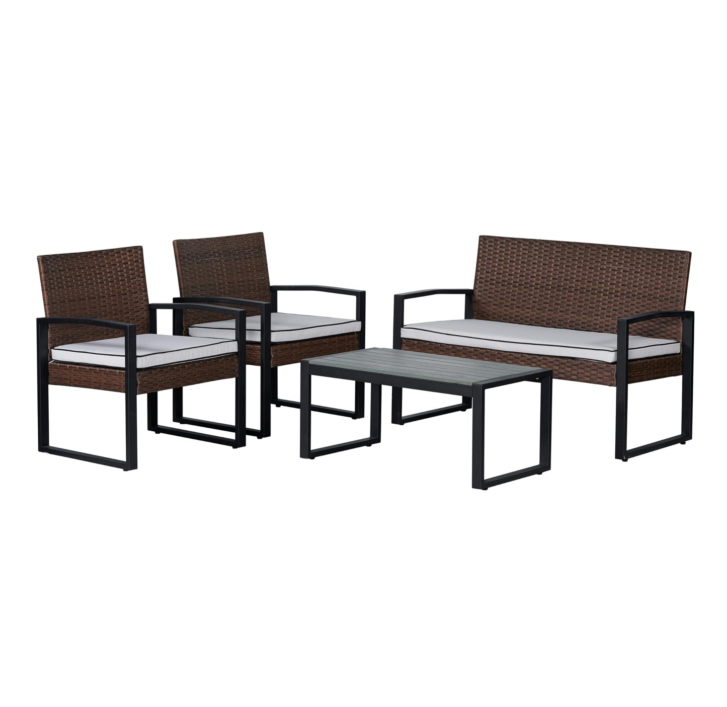 JONATHAN Y Elina 4-Piece Steel Frame PE Rattan Outdoor Patio Set, Modern Wicker Conversation Furniture with Cushions and Acacia Wood Coffee Table for Backyard, Porch and Poolside, Brown LVG1102B-4SET