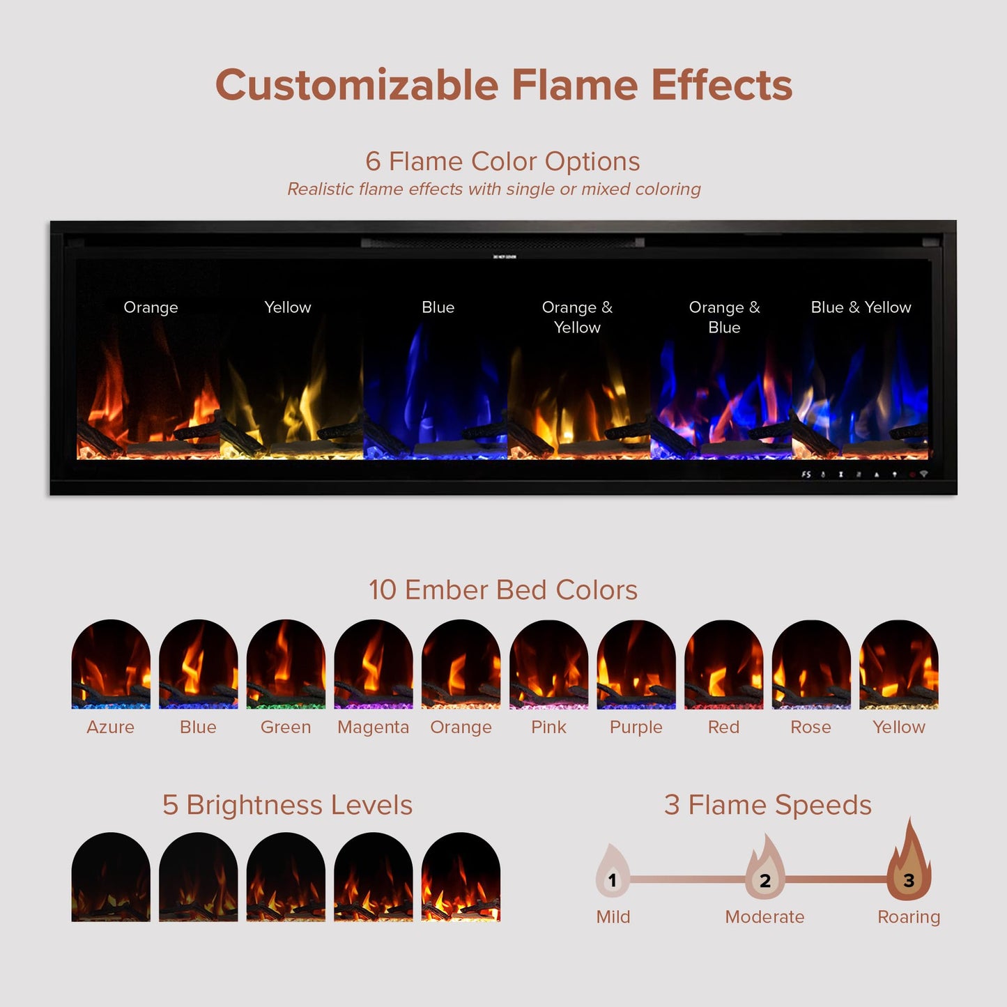 Modern Ember Aerus Slim 60 Inch Smart Linear Electric Fireplace | Recessed in-Wall or Wall-Mount | LED Multiple Flame Colors | Alexa/WiFi Enabled | 4.25” Profile | Remote Included