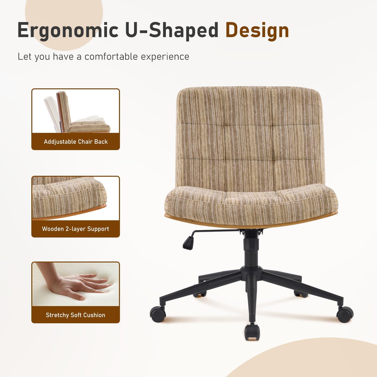 Furnimart Heavy-Duty Curved FSC Wood Desk Chair 360° Swivel, Premium Chenille Criss Cross Chair with Wheels Wide Seat, Comfy Armless Cross Legged Sitting for Bedroom, Office, Vanity (Light Brown)