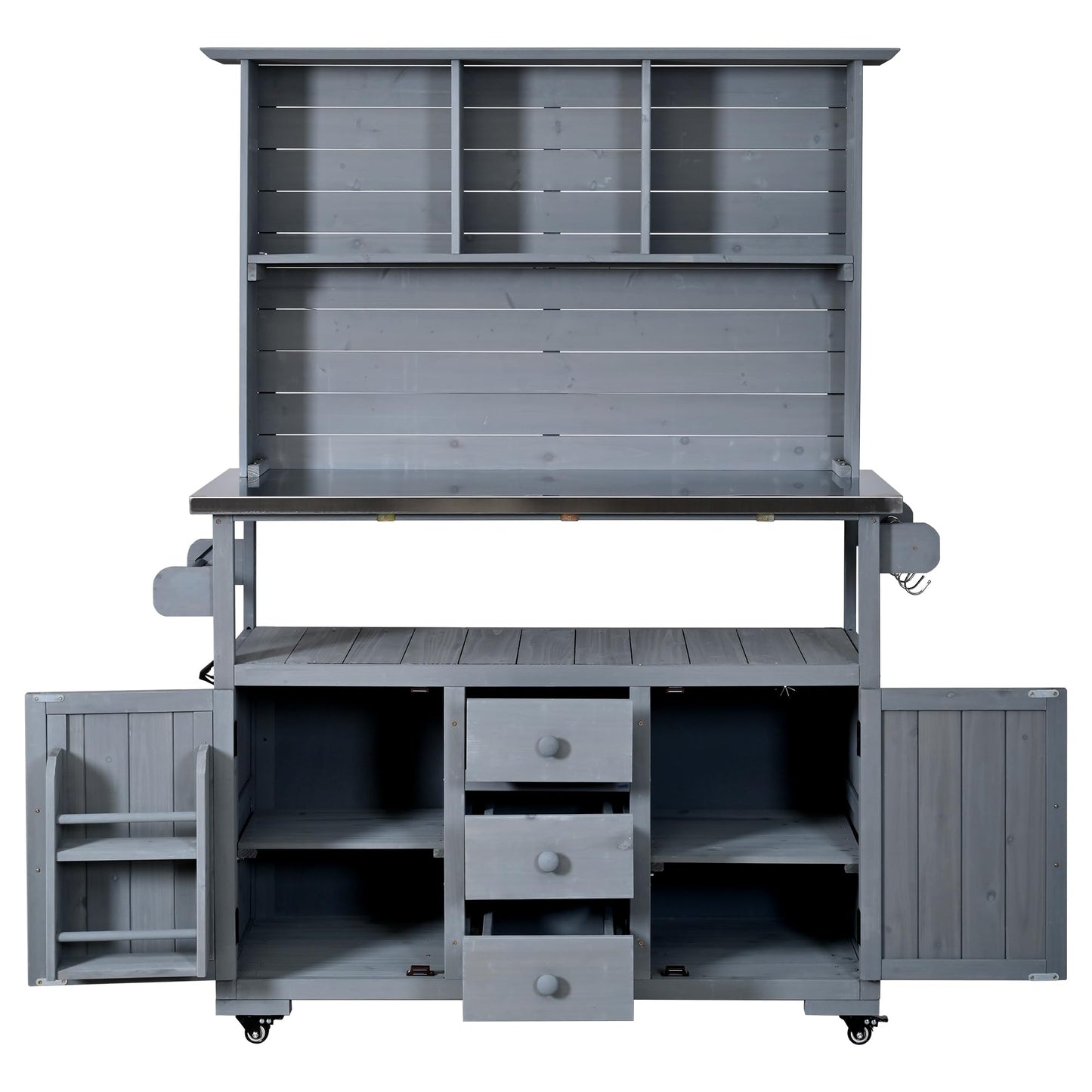 GDFStudio Preden Outdoor Storage Bench Table with Cabinet, Patio Wooden Potting Bench, Garden Storage Work Bench with Stainless Steel Top, Drawers, Cabinets, Shelves and Hooks, Kitchen Island, Gray