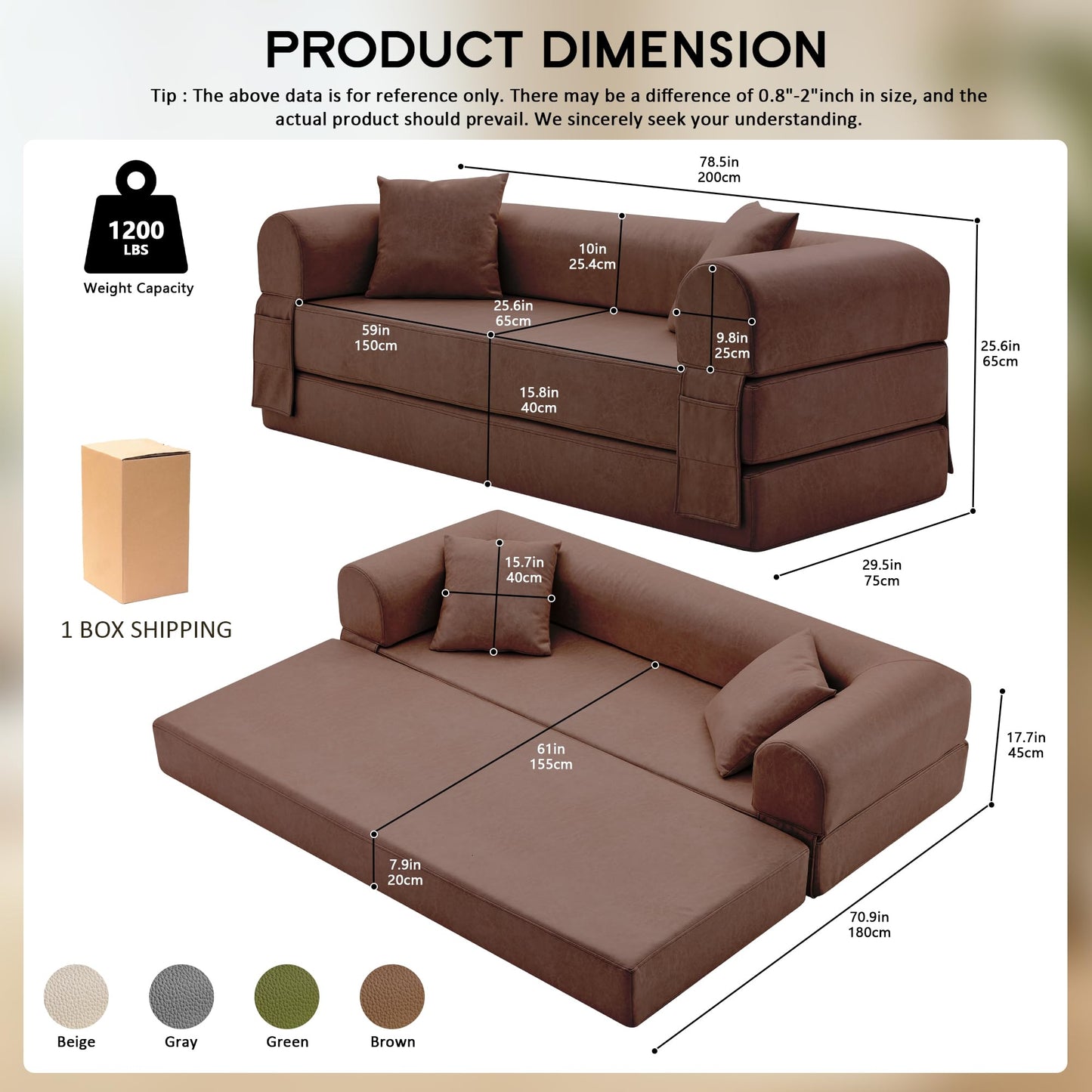78.5" Convertible Sleeper Sofa Bed, Faux Leather Deep Seat Folding Floor Sofa with Pullout Bed & 2 Pillows, No Assembly Modern Boneless Couch Compression Sofa in Box for Living Room, Office, Brown