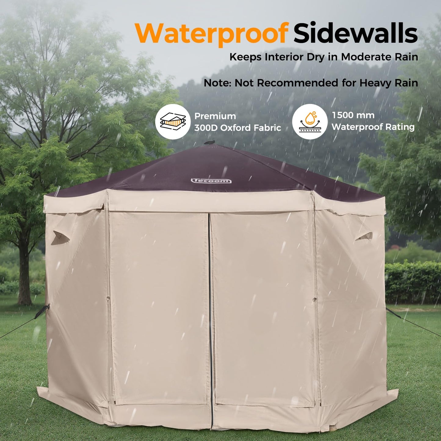 Tecoom 10x10ft 6-Side Pop Up Gazebo Tent, Waterproof Instant Screen with Mosquito Netting, Portable Outdoor Canopy with 4 Removable Wind Cloths, Sun Shelter for Camping, Garden and Picnics, Khaki
