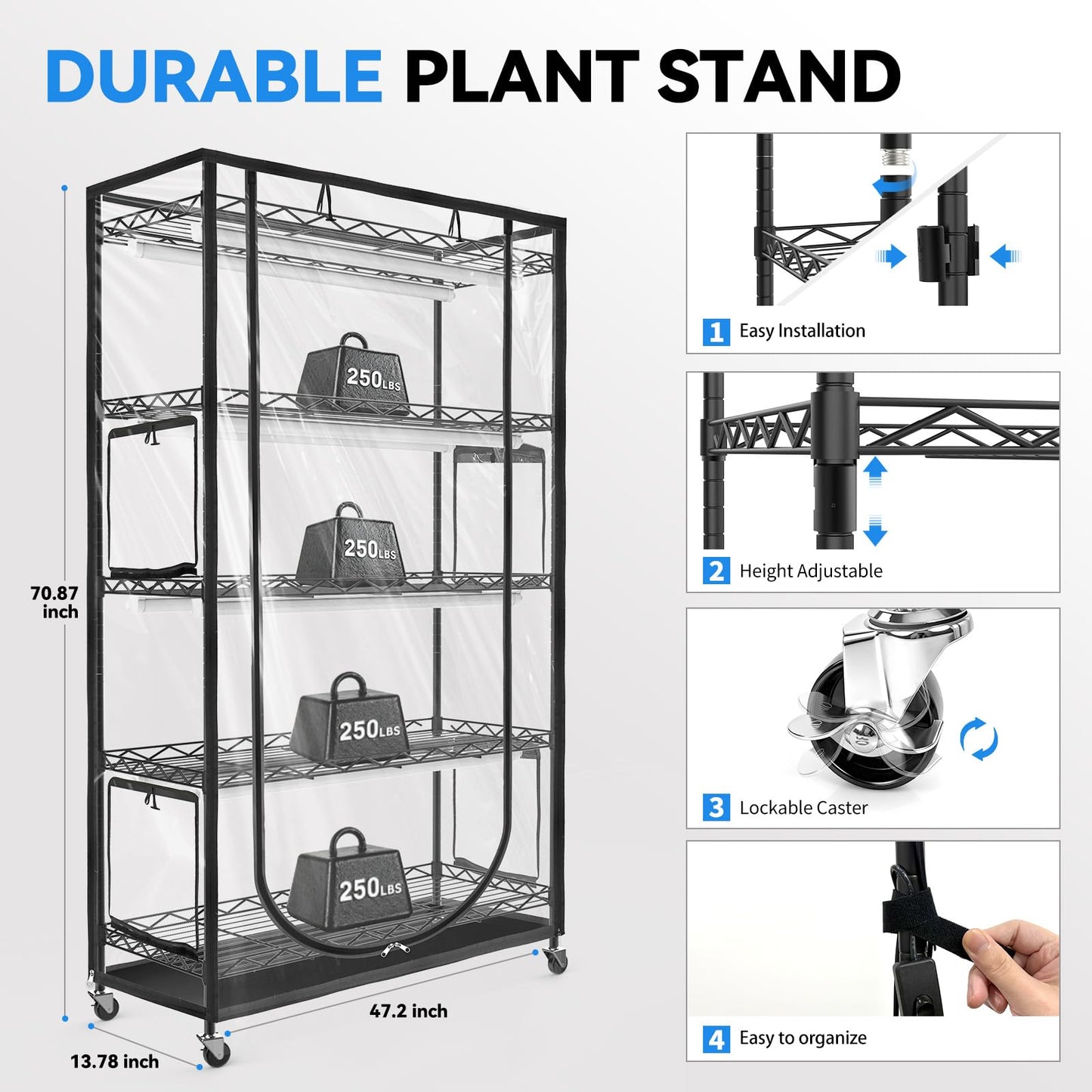 JESLED Indoor Greenhouse with Grow Light, 4FT Full Spectrum 5000K LED Light for Seed Starting, Tiered Lighting Control, Built-in Timer & Thermo-Hygrometer, Rolling Metal Plant Stand (47.2x13.8x70IN)