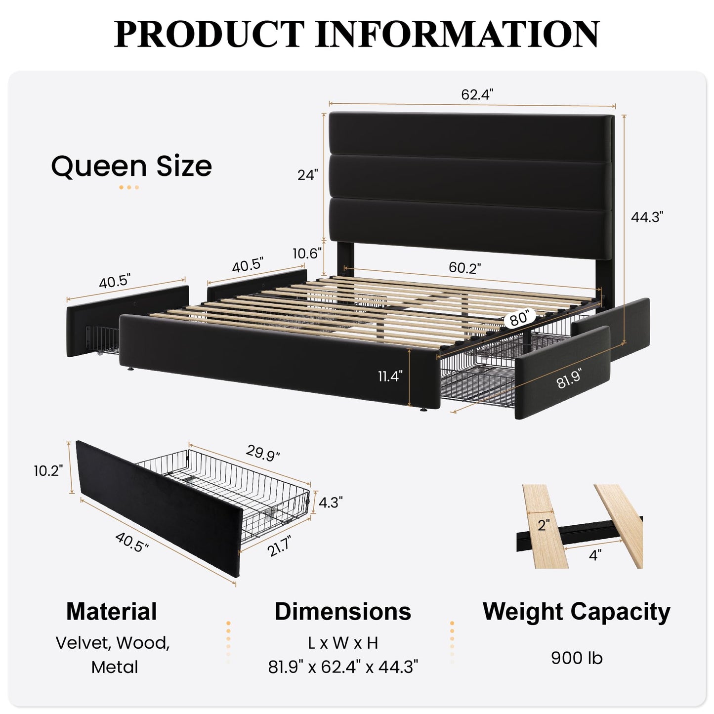 SHA CERLIN Queen Size Platform Bed Frame with 4 Storage Drawers, Velvet Upholstered Headboard, Mattress Foundation with Wooden Slats Support, No Box Spring Needed, Easy Assembly, Black