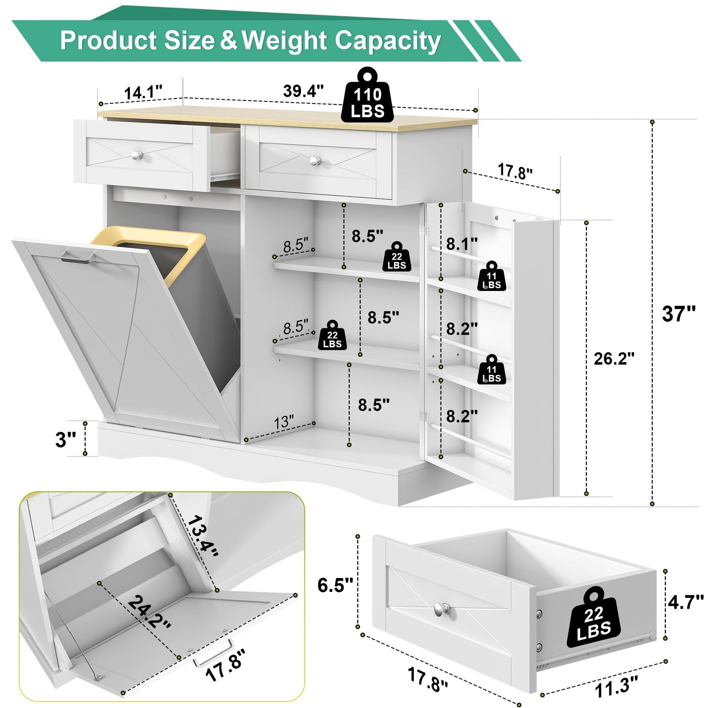 kepptory Tilt Out Trash Can Cabinet 12 Gallon, Pull Out Trash Can Storage Cabinet with 2 Drawers & Countertop, White Kitchen Cabinet with Adjustable Shelf, for Kitchen Pantry, Modern Farmhouse