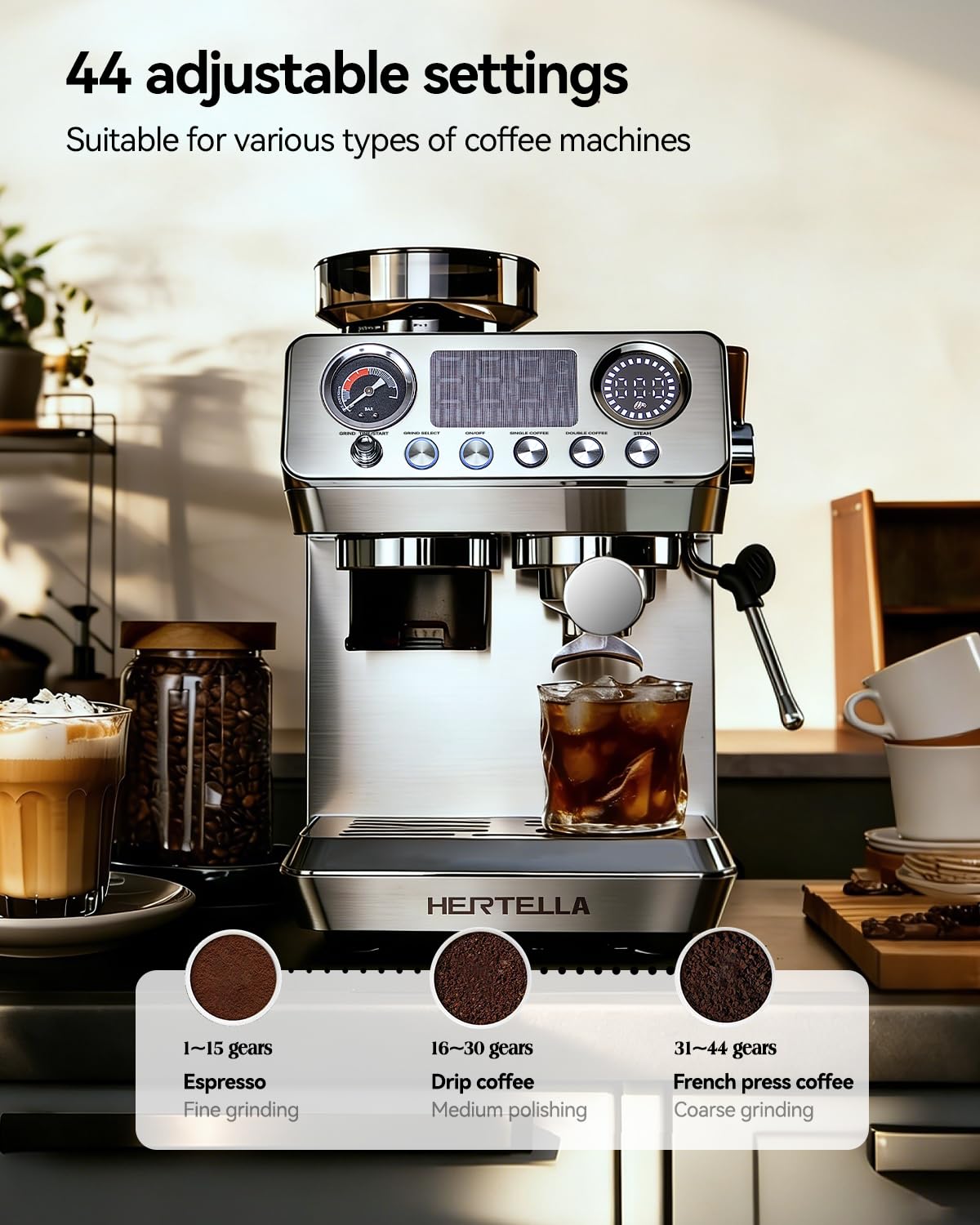 HERTELLA Espresso Machine with Burr Grinder, 20 Bar Visual Pressure Gauge, Milk Frother Steam Wand, Stainless Steel, 4 Temperature Modes (Hot and Cold Brew), Automatic Pressure Release Function
