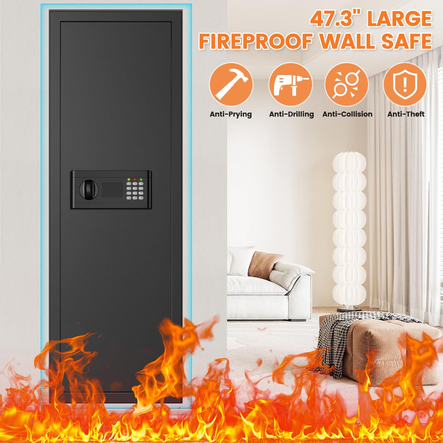 47.3" Tall Fireproof Wall Safes Between the Studs 16" Centers, Large Hidden Flush Wall Safe with 4 Removable Shelf & 6 Key Hooks, 48LB Heavy Duty In Wall Safe for Home, Money, Jewelry, Valuables