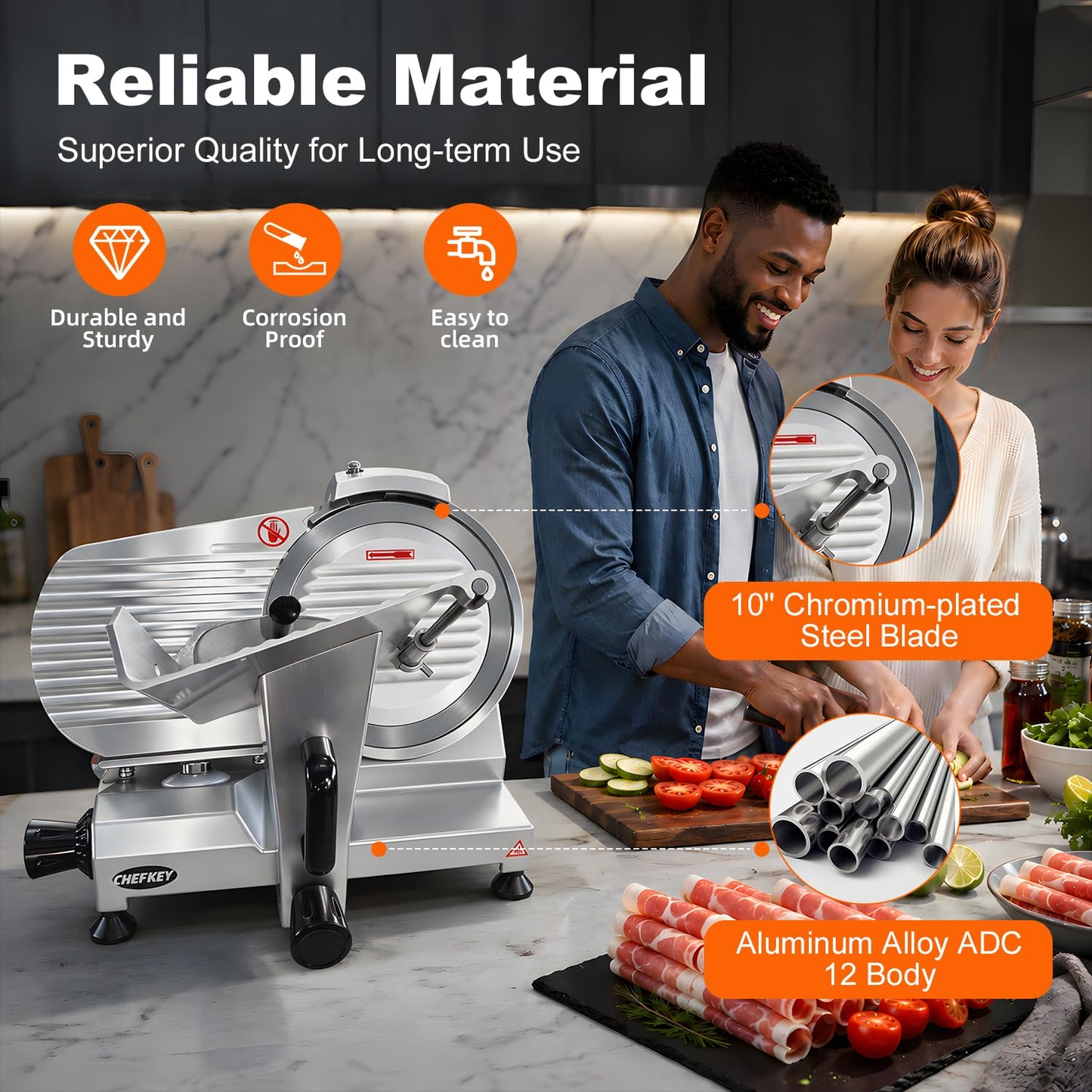 CHEF KEY Commercial Meat Slicer, 10 inch Electric Food Slicer, 240W Frozen Meat Deli Slicer, Premium Chromium-plated Steel Blade Semi-Auto Meat Slicer For Commercial and Home use