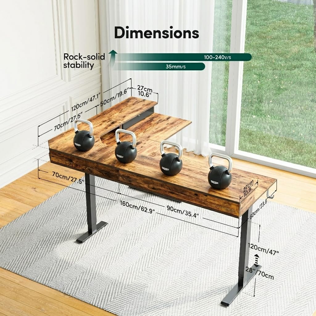 CubiCubi 63x48 Inches L Shaped Standing Desk with 3 Drawers and Monitor Shelf, Height Adjustable Corner Computer Desk with Hooks, Sit Stand Up Ergonomic Home Office Workstation Table, Rustic Brown