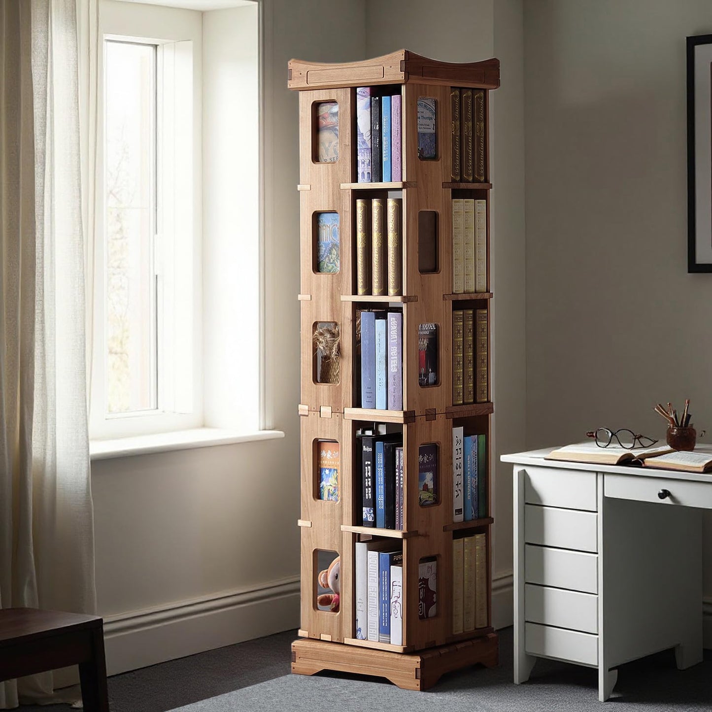 unununu Wooden Rotating Bookshelf, Larger Solid Wood Revolving Bookcase,360°Spinning Book Shelf Tower,Floor Standing Storage Rack,Corner Organizer for Small Space,Study,Office,17"x17"x44"(3-Tier)