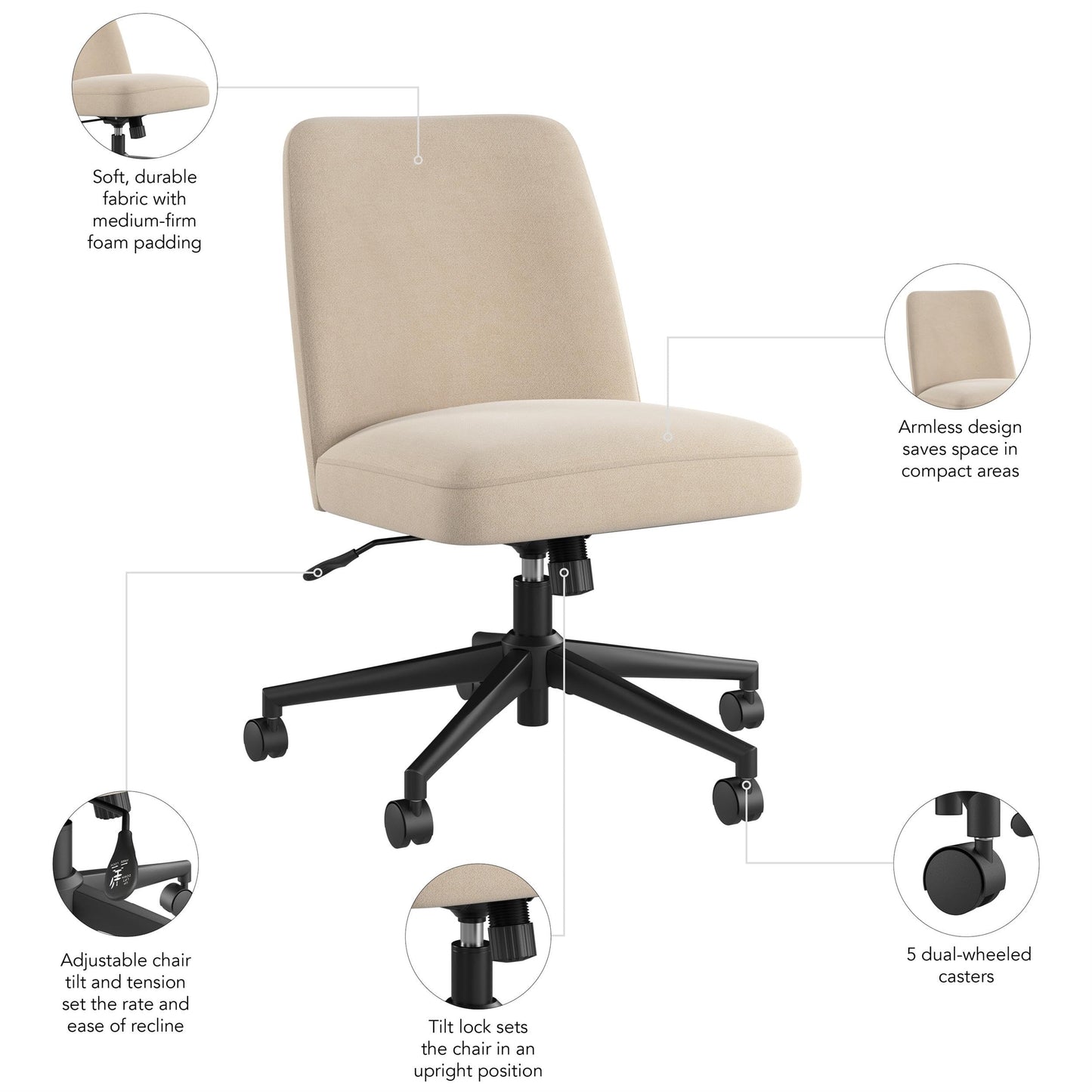 Bush Furniture Serenity Mid Back Armless Office Chair with Wheels in Soft Beige Fabric, Workspace Seating Solution for Small Computer Desk