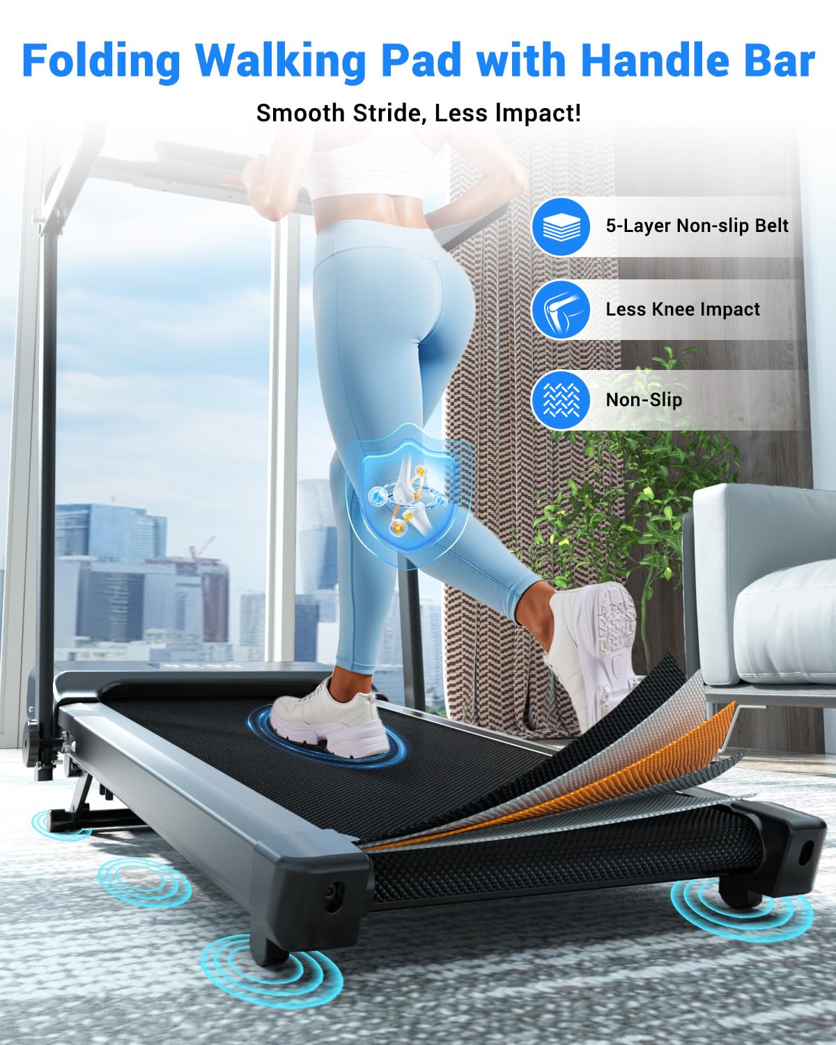Superun Walking Pad Treadmill with Handle Bar, 300 LBS Capacity Treadmills for Home, 3.0HP Portable Under Desk Treadmill for Home Office with LED Display Remote APP Control