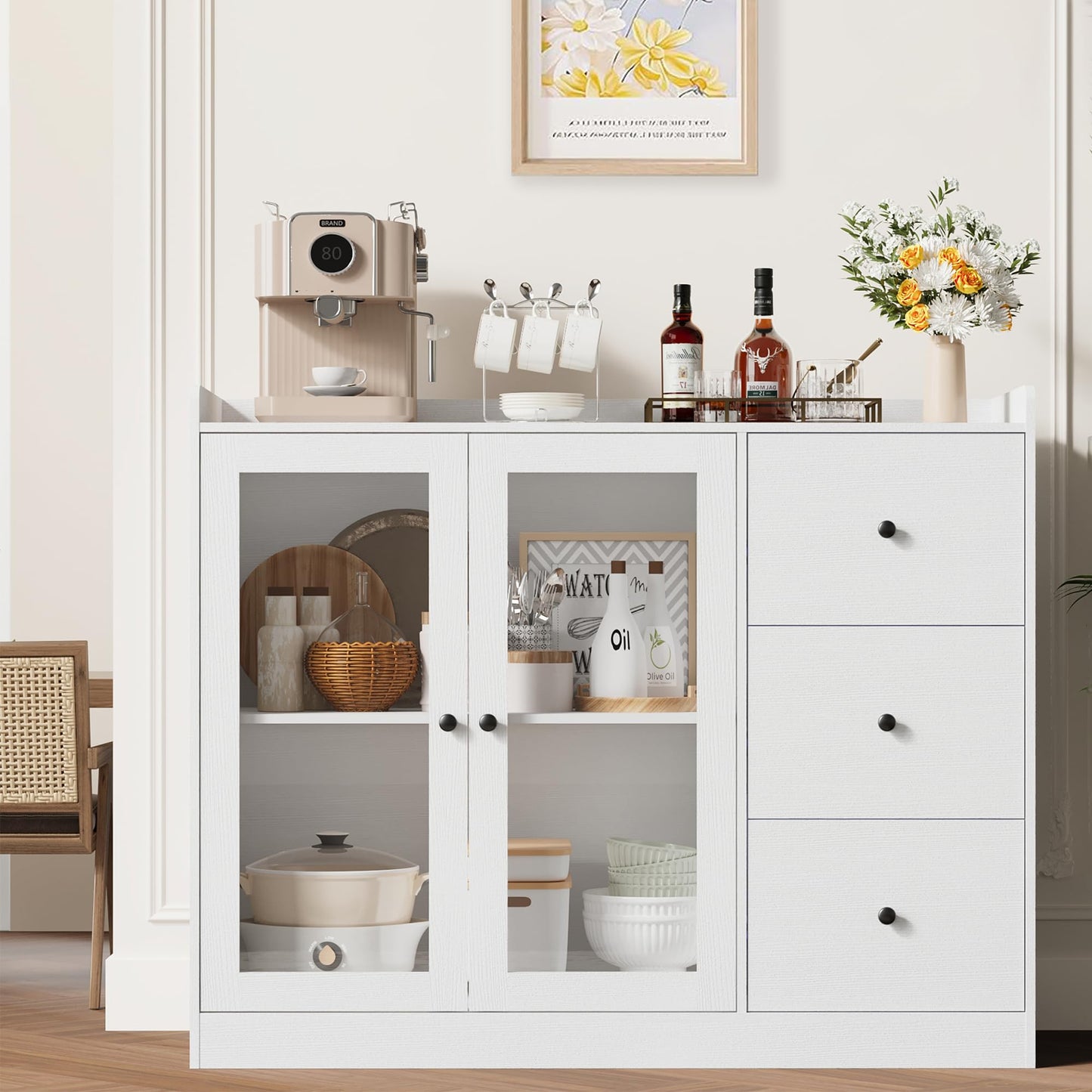 IDEALHOUSE Buffet Cabinet with Storage, 43" Modern Sideboard Kitchen Cabinet with Guardrail Design & Adjustable Shelves & 3 Drawers, Wood Buffet Table for Kitchen, Dining Room, White