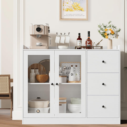 IDEALHOUSE Buffet Cabinet with Storage, 43" Modern Sideboard Kitchen Cabinet with Guardrail Design & Adjustable Shelves & 3 Drawers, Wood Buffet Table for Kitchen, Dining Room, White