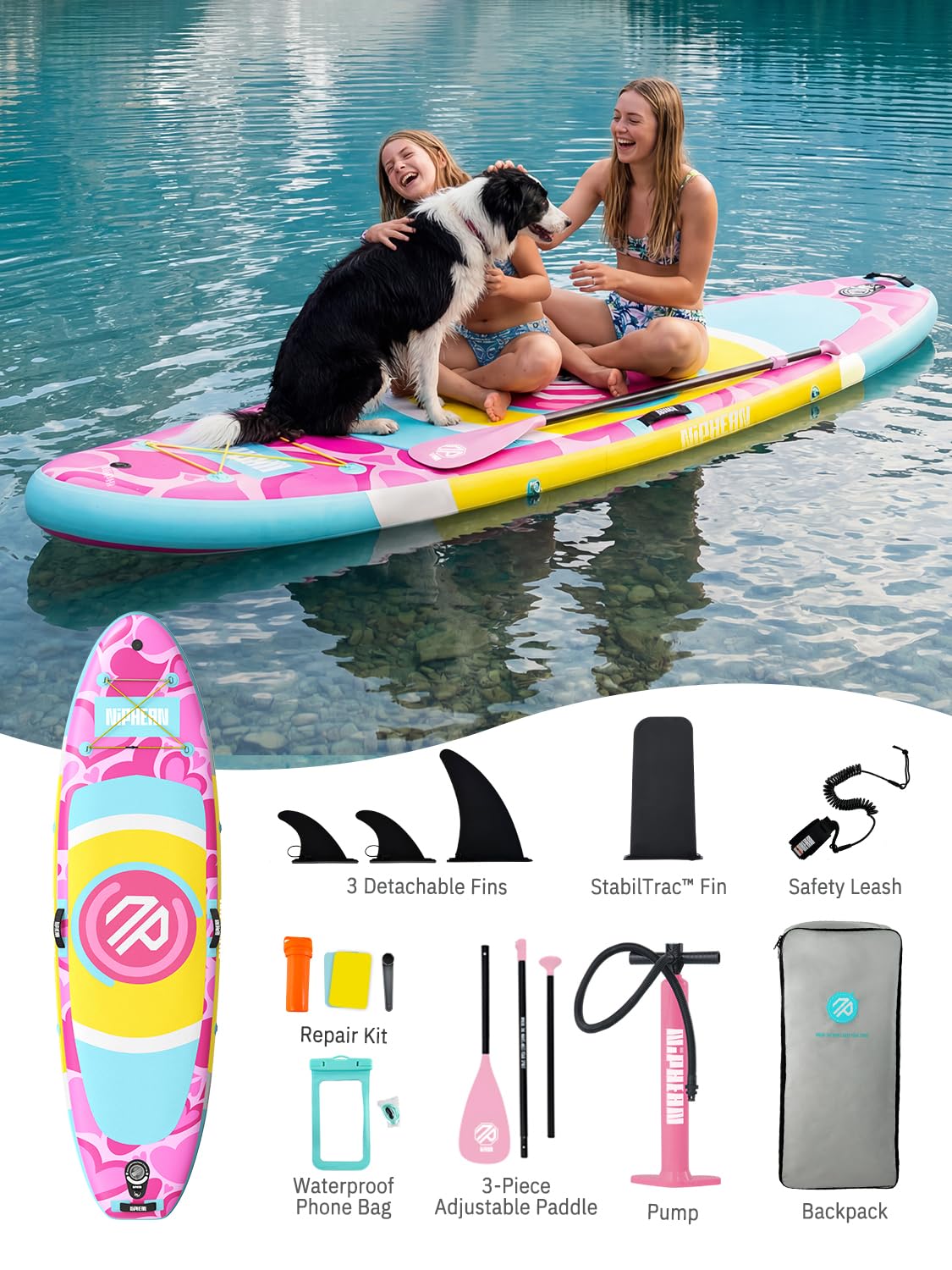 Niphean（Ultra-Light） Inflatable Paddle Board with StabilTrac Fin and Durable SUP Accessories, 10' Stand Up Paddle Boards for Adults & Youth, Versatile Yoga Paddle Board, Gift Ideas-Rainbow Heart