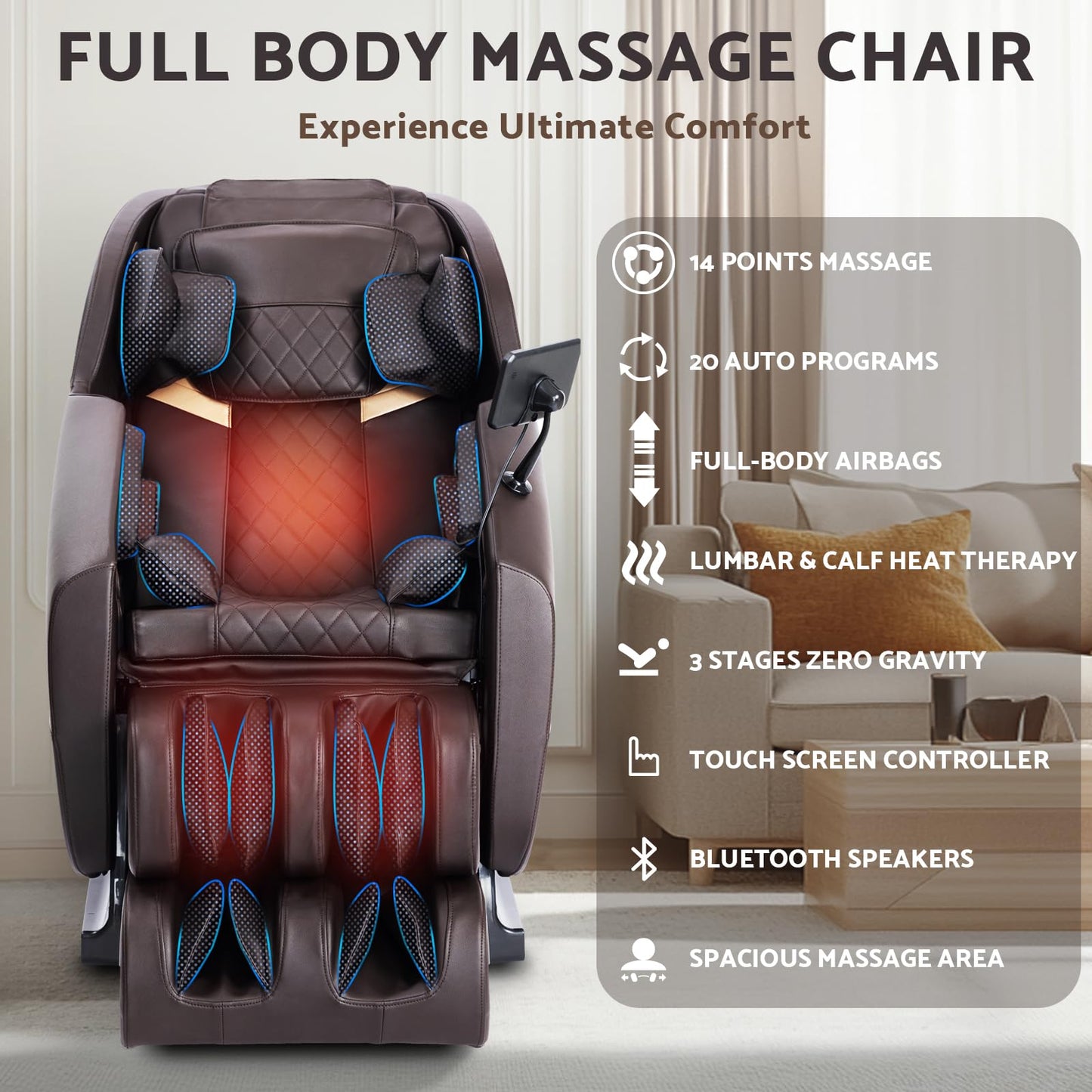 Massage Chair, Zero Gravity Full Body Massage Chair, Shiatsu Recliner with 14 Massage Points, Lumbar & Calf Heating, 20 Auto Modes, Spacious Massage Area, Bluetooth Speaker, Touch Screen Controller