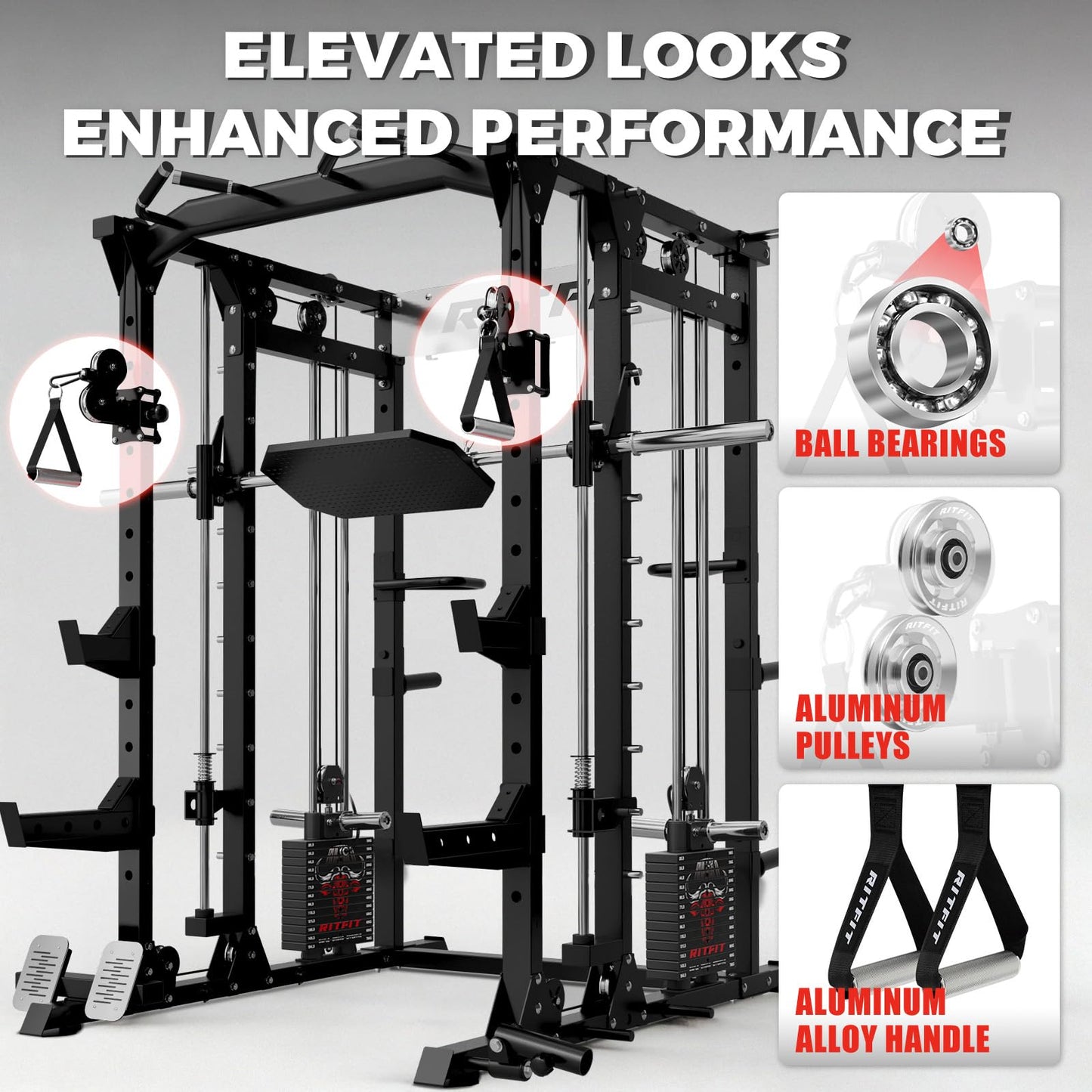 RitFit Buffalo Smith Machine Package, All-in-One Power Cage with Weight Stack , Power Rack with Cable Crossover & Leg Press Attachment for Home Gym(Black,BP260)