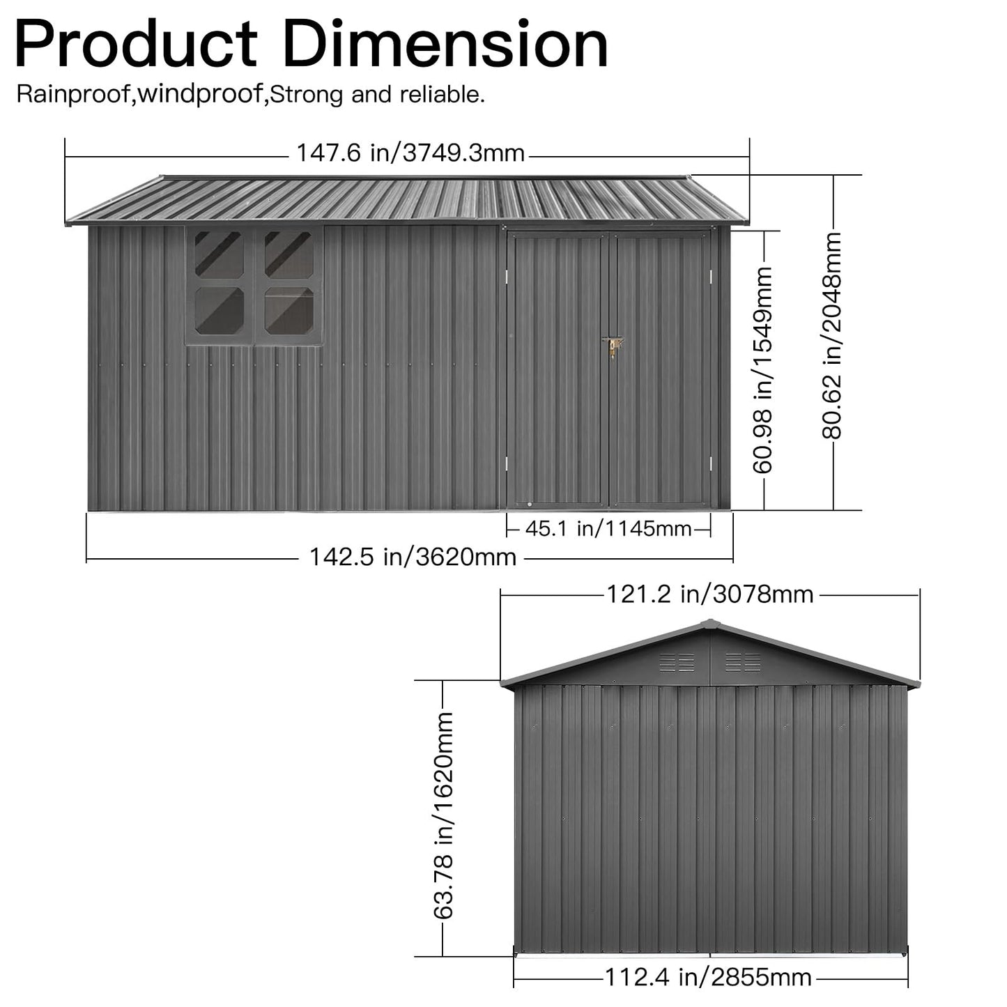 YOPTO 12x10 FT Outdoor Storage Shed,Metal Shed W/Goods Shelves & Window,Garden Tool House W/ 2 Vents & Lamp Hanging Hole & Apex Roof and Lockable Doors,for Backyard Patio Lawn,Grey