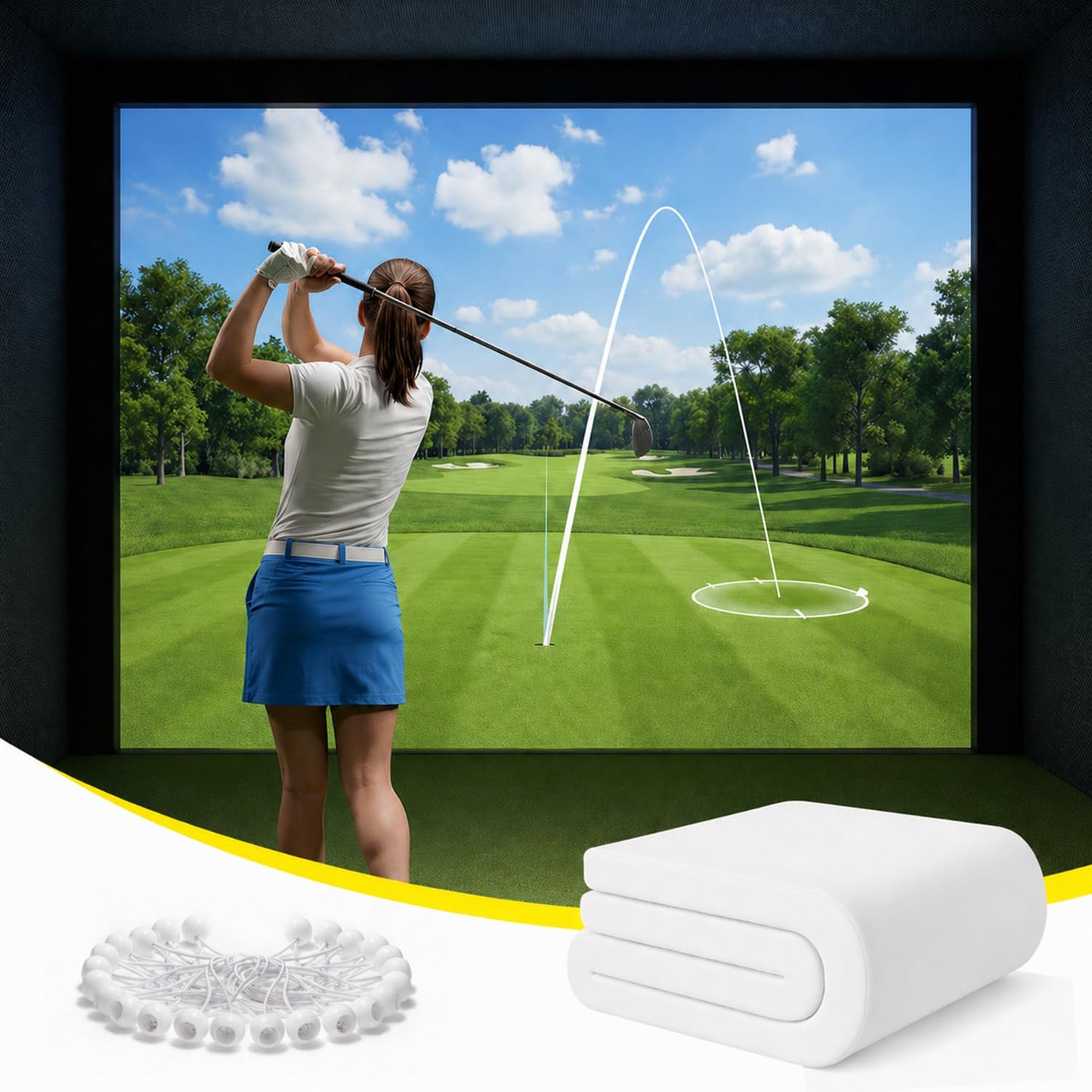 Aerixtron Golf Impact Screen, 3D Air Mesh Golf Simulator Impact Screen, Thicken HD Projector Screen for Hitting Training Practice Home/Indoor/Outdoor with Webbing Buckles & Bungee Cords-11.5 x 9.8 ft
