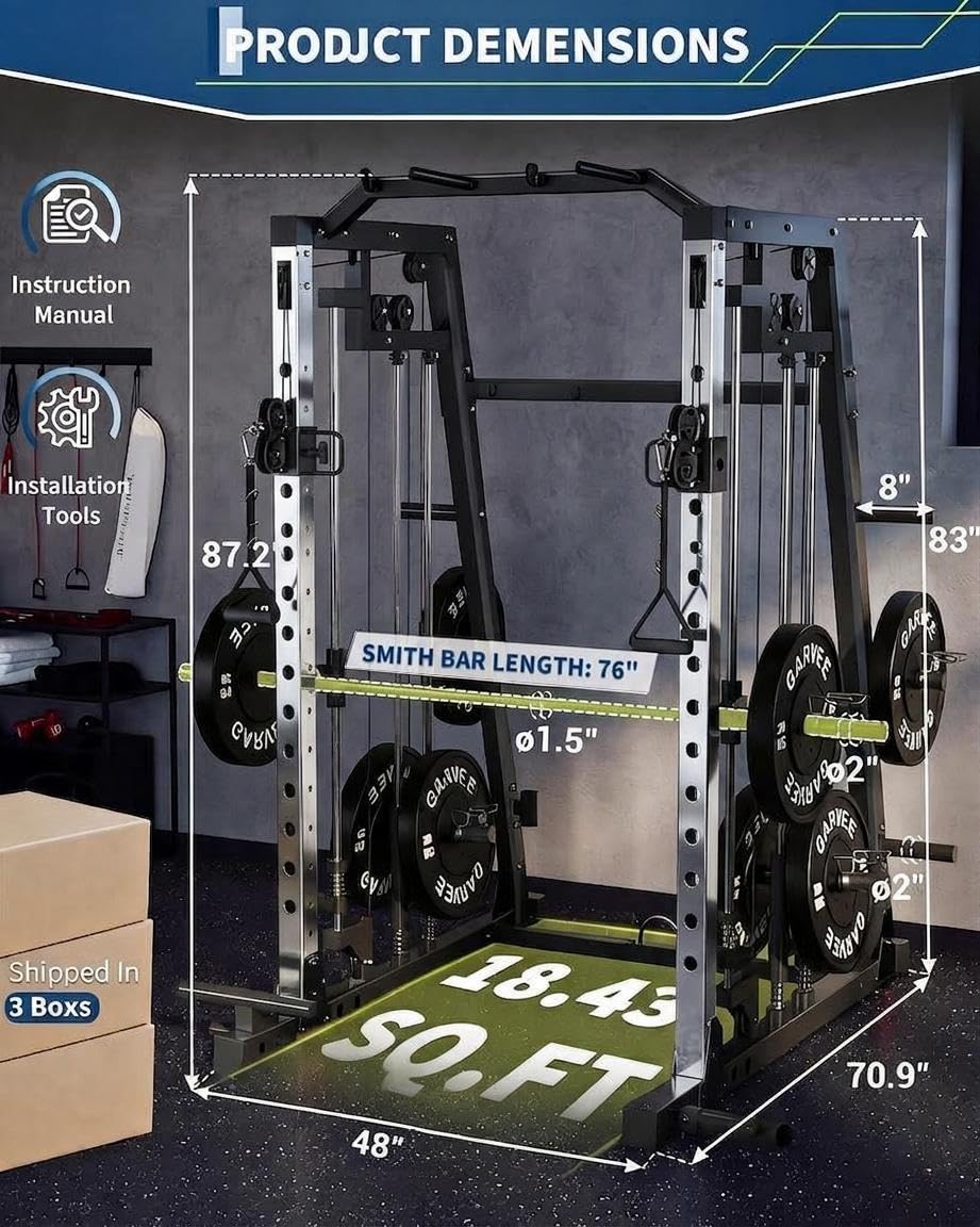 Smith Machine Home Gym, 2200lbs Squat Rack Power Cage with LAT-Pull Down System & Cable Crossover Machine, Multi-Function Training Equipment with Leg Hold-Down Attachment