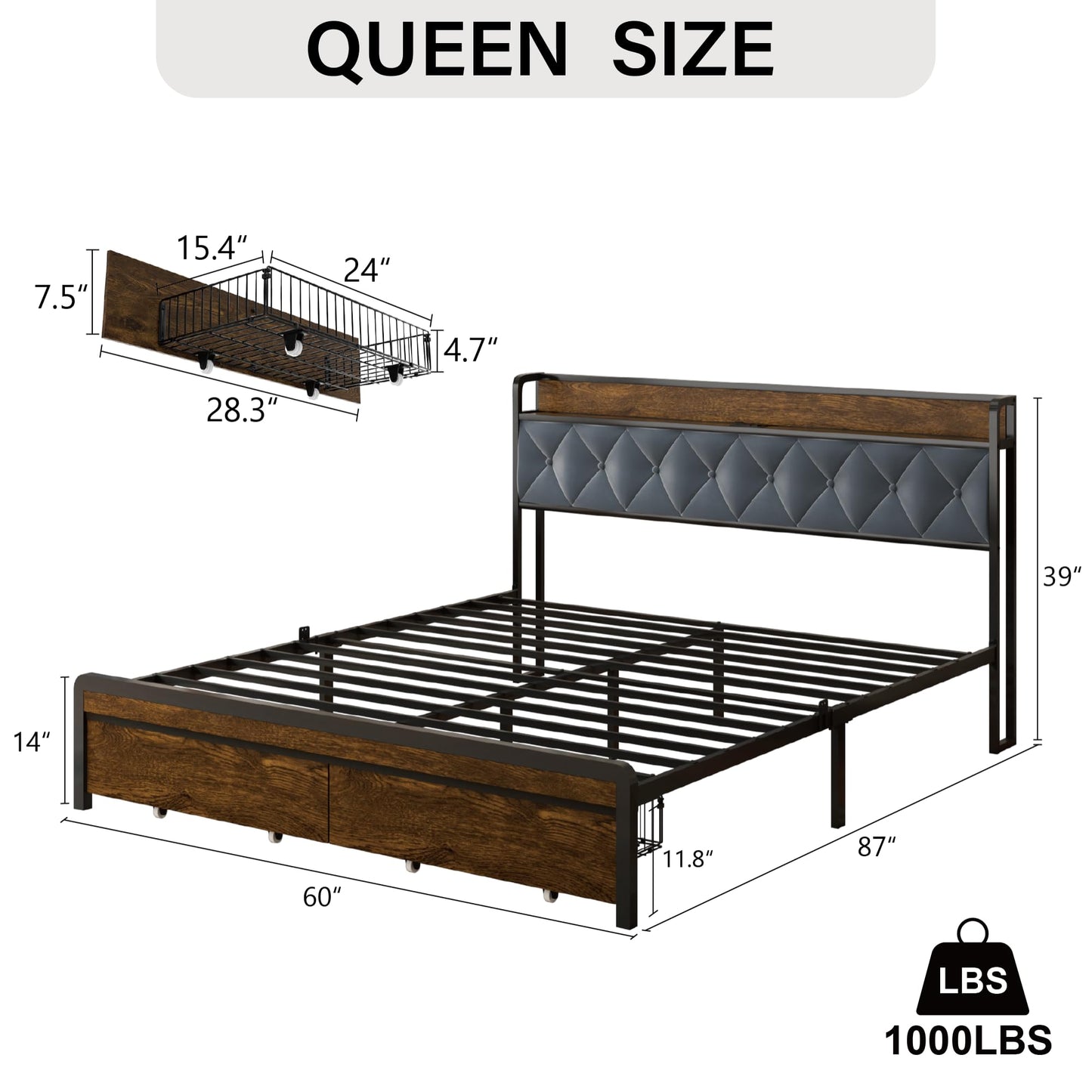 Sismplly Queen Size Metal Platform Bed Frame with 2 Storage Drawers & LED Light, Upholstered Headboard with Charging Station, No Box Spring Needed, Brown Wood Panel