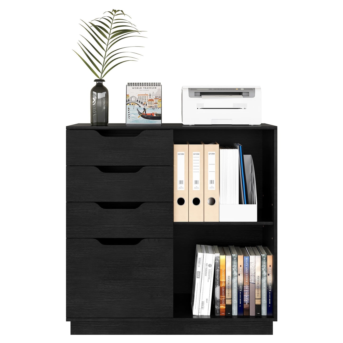 TQVAI 4 Drawer Filing Cabinet Organizer with 2 Open Shelves, Heavy Duty for Storing Letter A4 Size and Printer, Wood Lateral File Cabinets for Home Office, Hanging Files, Black, Easy Assembly