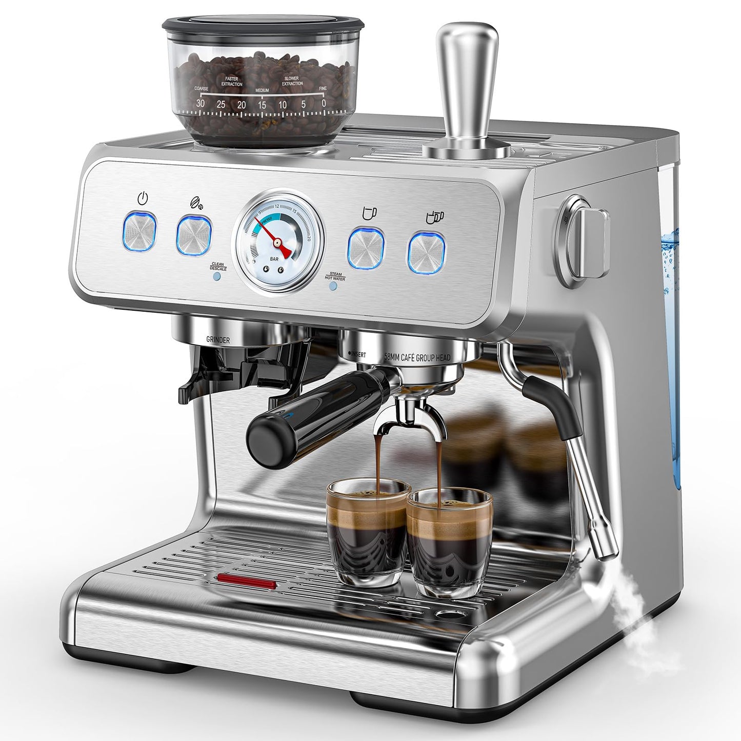COWSAR 20 Bar Espresso Machine with Grinder & Milk Frother Steam Wand, 58mm Expresso Coffee machines, Commercial Stainless Steel Coffee Maker for Cappuccino and Latte, Perfect for Home Café-Stainless